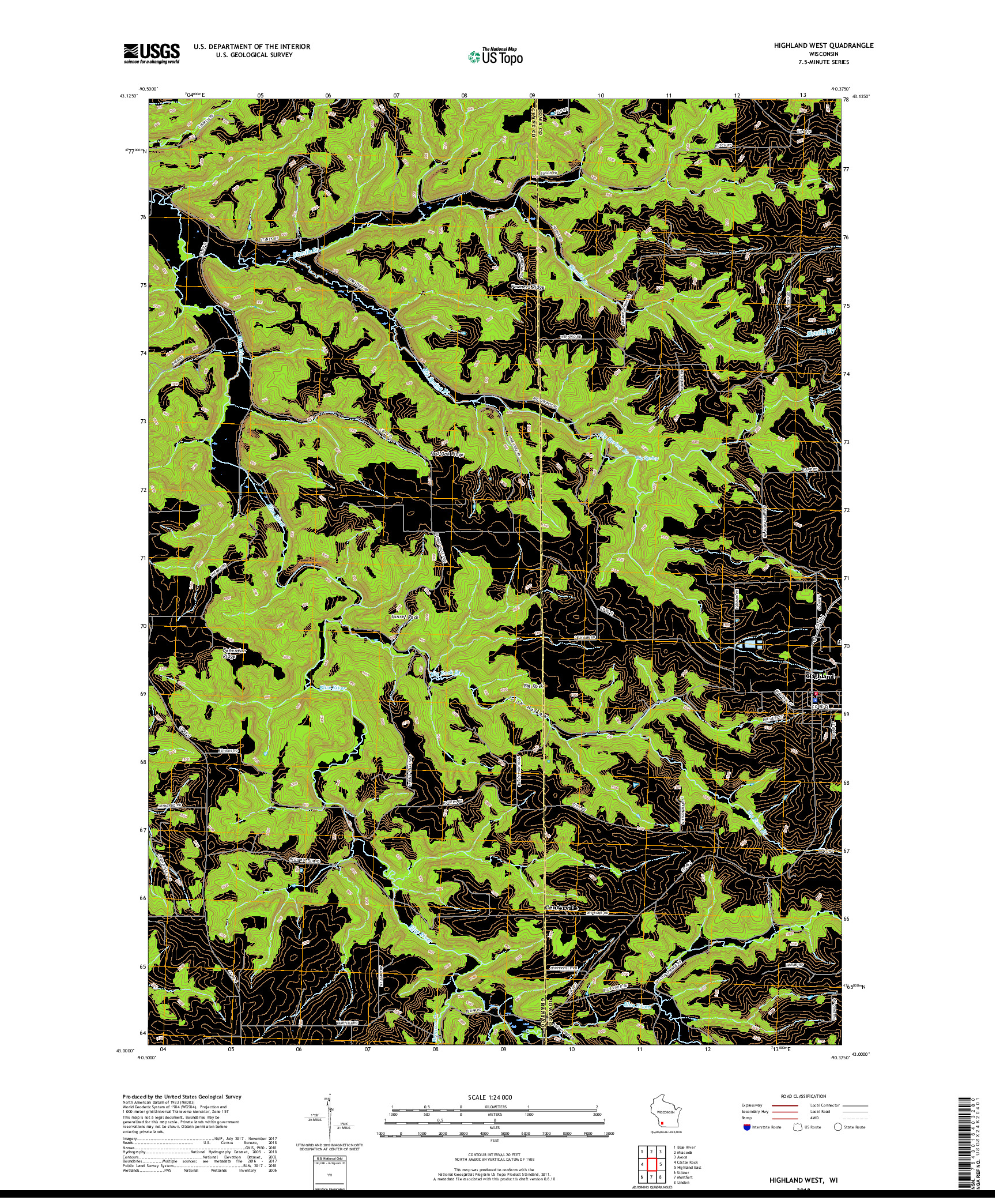 USGS US TOPO 7.5-MINUTE MAP FOR HIGHLAND WEST, WI 2018