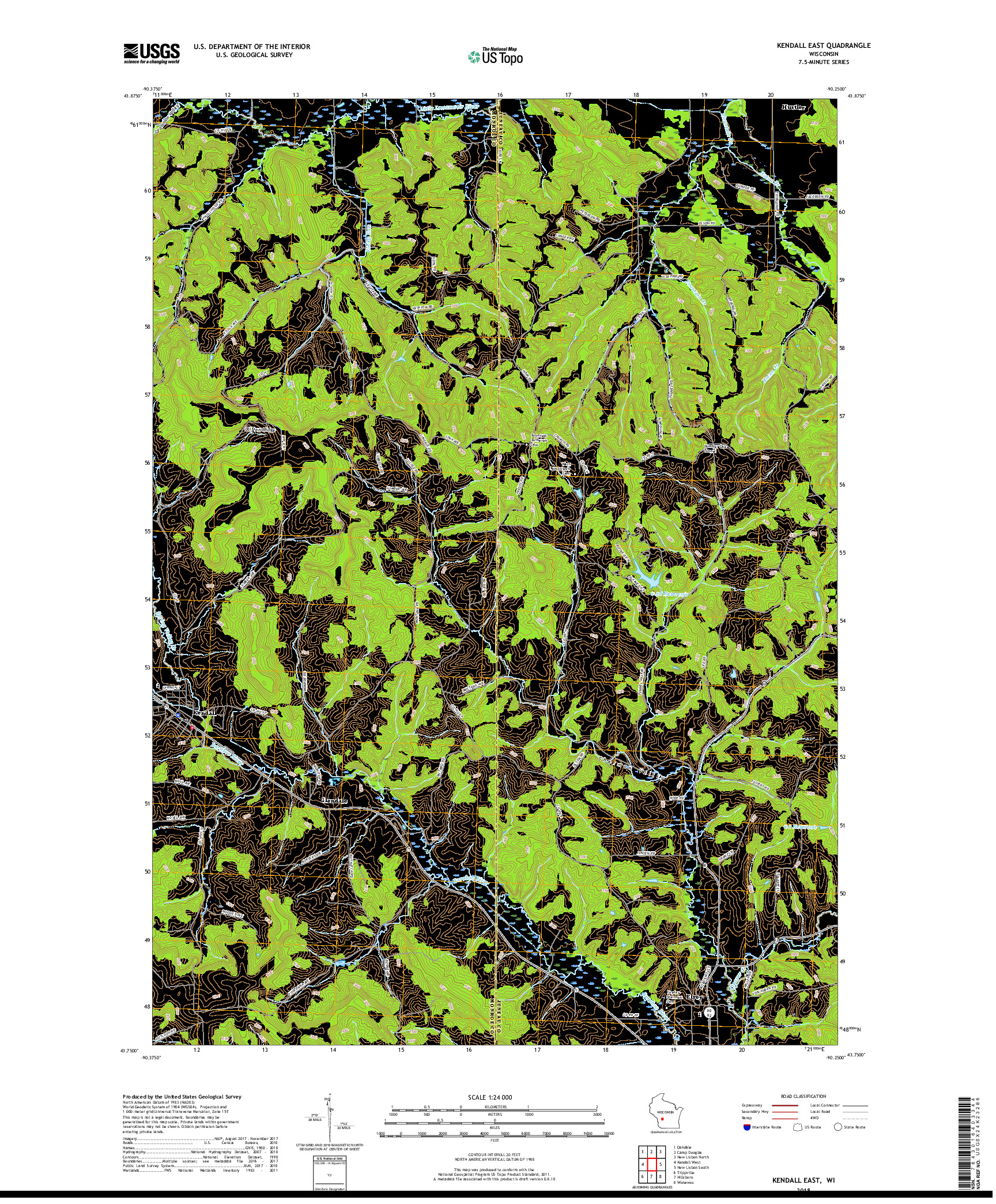 USGS US TOPO 7.5-MINUTE MAP FOR KENDALL EAST, WI 2018