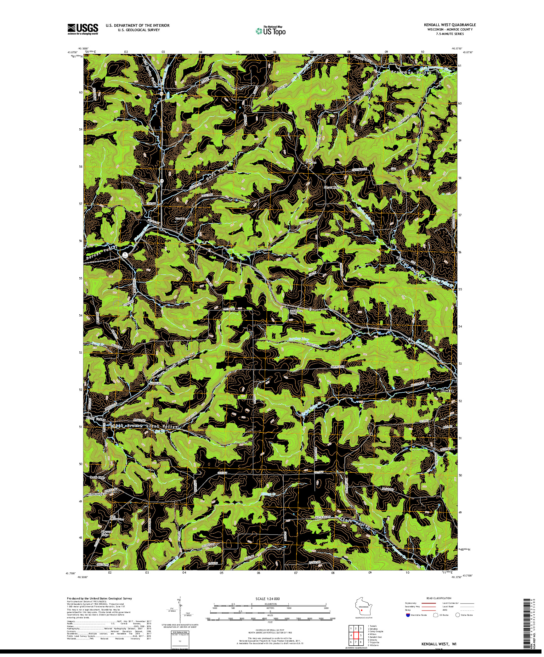 USGS US TOPO 7.5-MINUTE MAP FOR KENDALL WEST, WI 2018