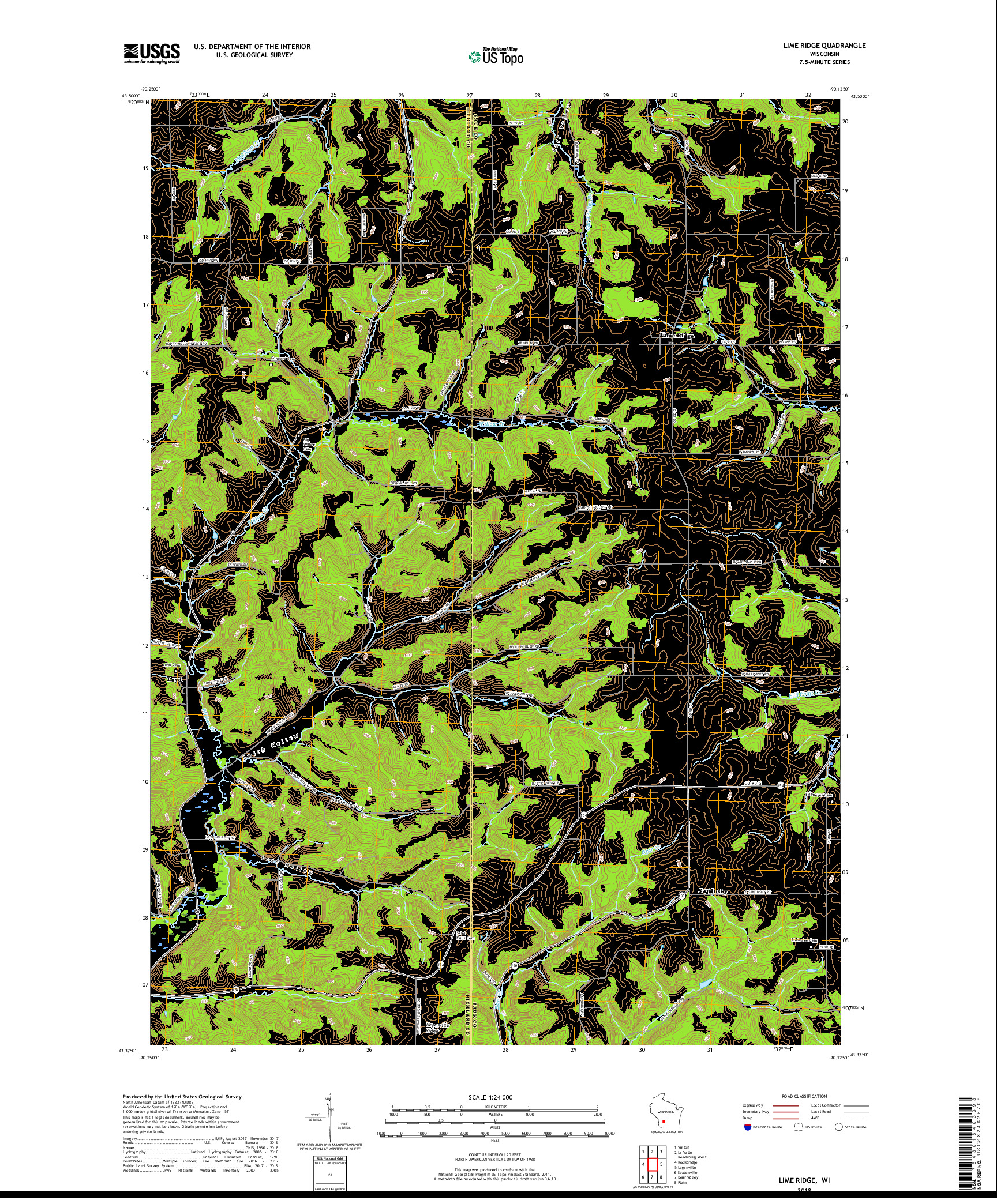 USGS US TOPO 7.5-MINUTE MAP FOR LIME RIDGE, WI 2018
