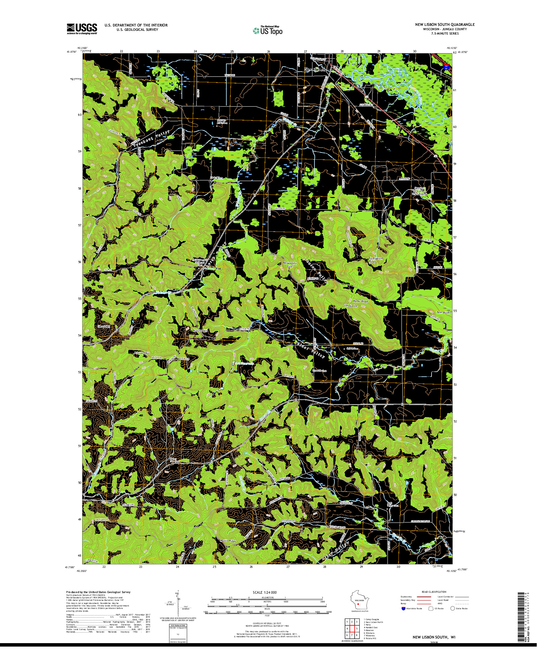USGS US TOPO 7.5-MINUTE MAP FOR NEW LISBON SOUTH, WI 2018