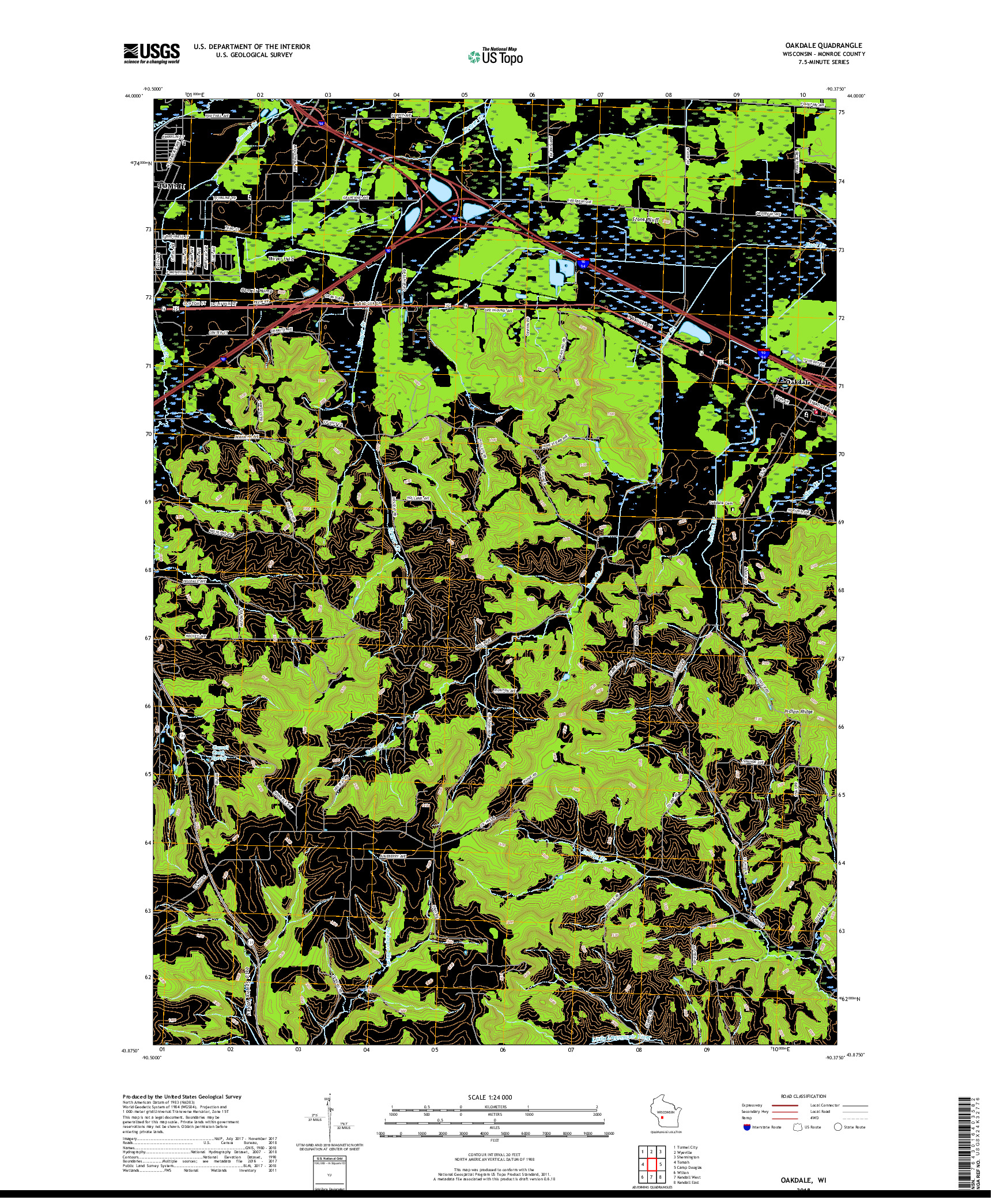 USGS US TOPO 7.5-MINUTE MAP FOR OAKDALE, WI 2018