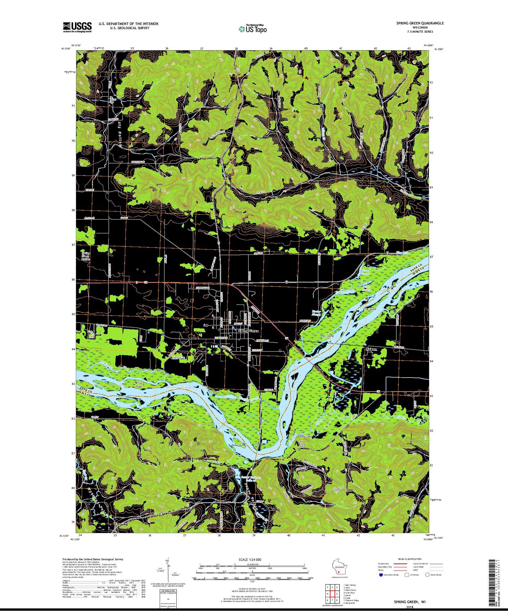 USGS US TOPO 7.5-MINUTE MAP FOR SPRING GREEN, WI 2018