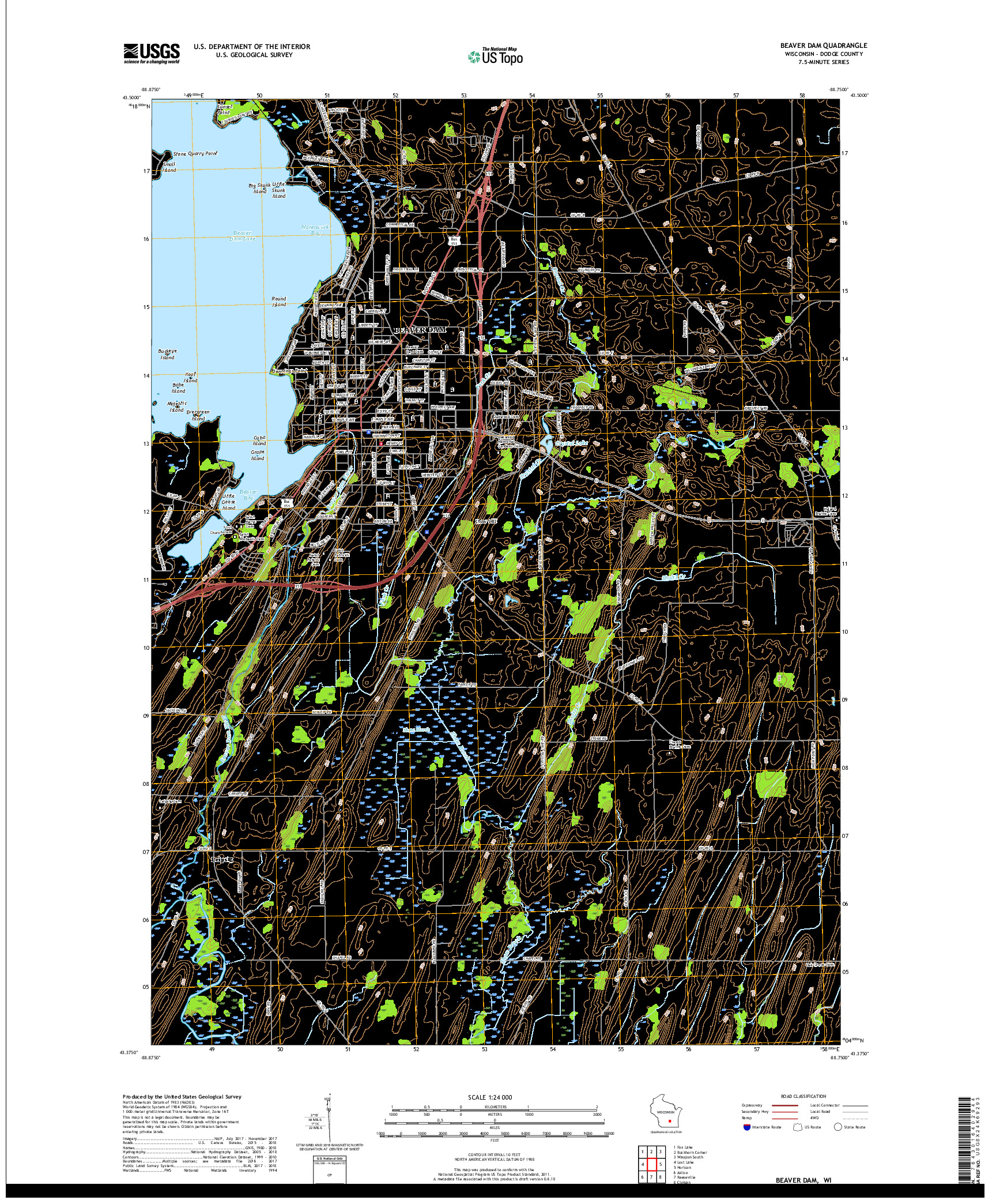 USGS US TOPO 7.5-MINUTE MAP FOR BEAVER DAM, WI 2018