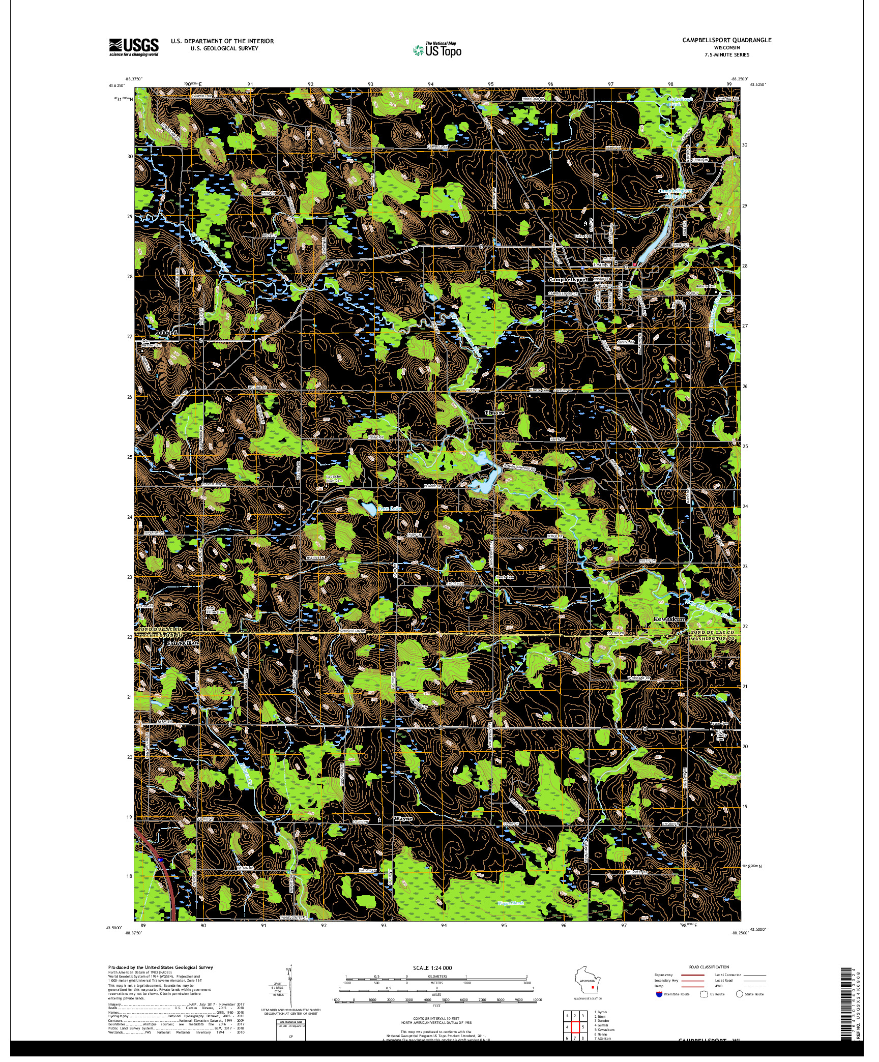 USGS US TOPO 7.5-MINUTE MAP FOR CAMPBELLSPORT, WI 2018