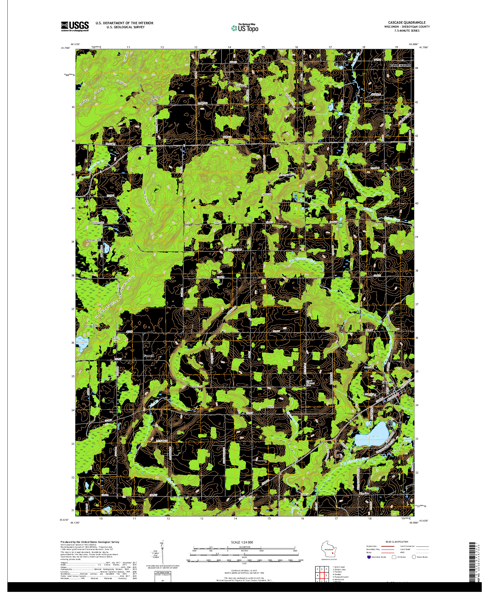 USGS US TOPO 7.5-MINUTE MAP FOR CASCADE, WI 2018