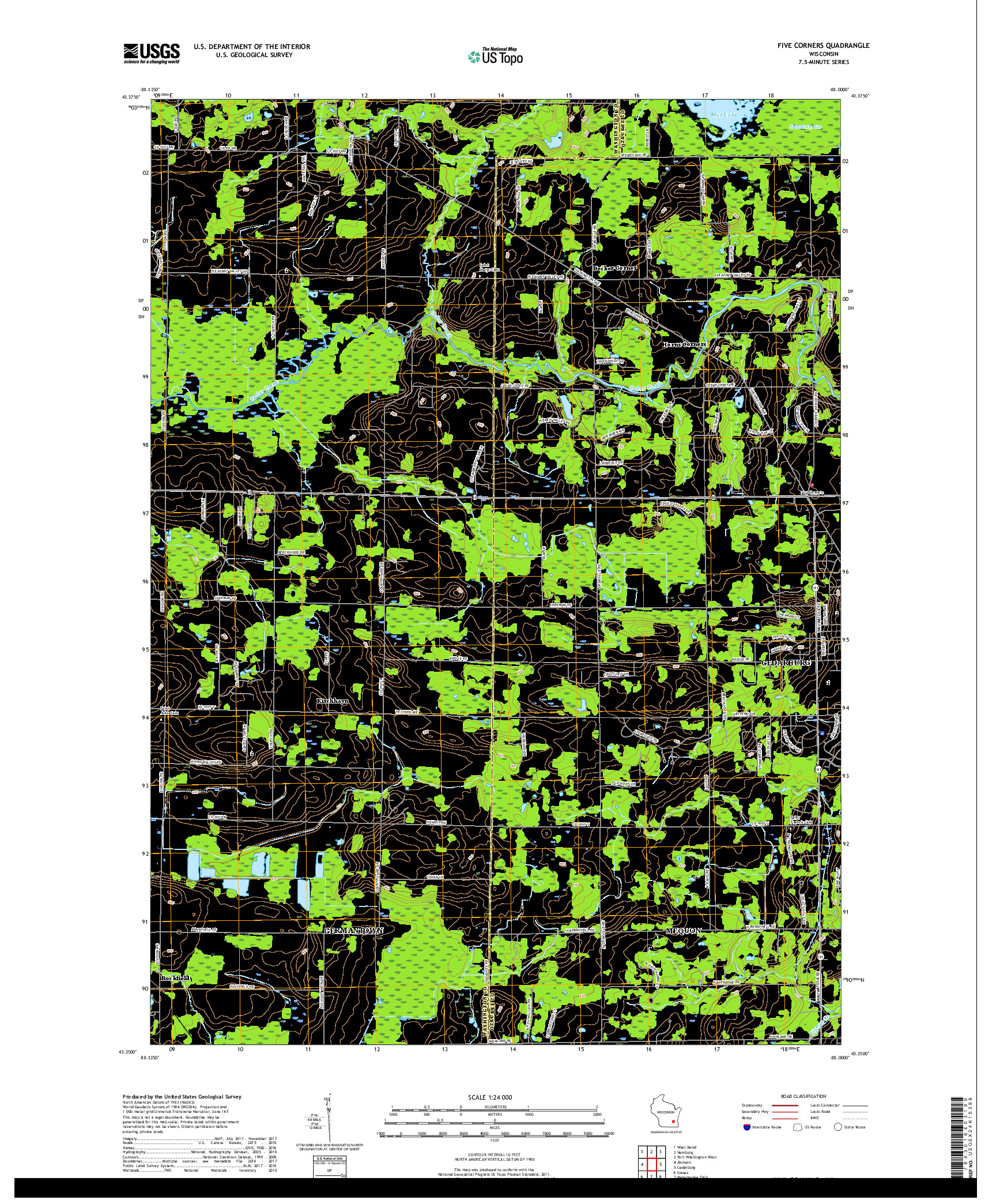 USGS US TOPO 7.5-MINUTE MAP FOR FIVE CORNERS, WI 2018