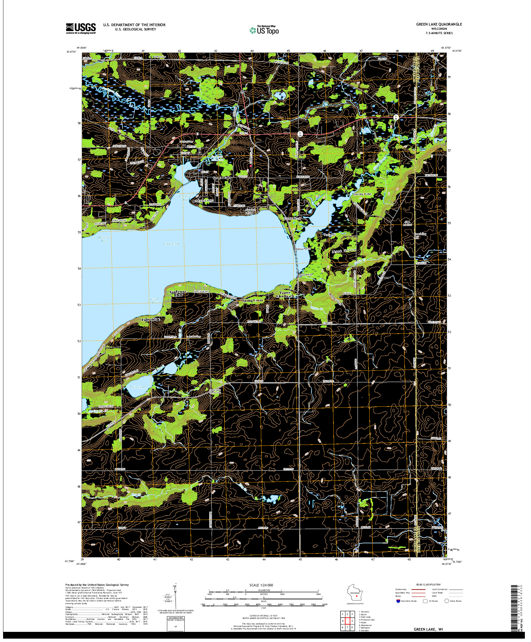 USGS US TOPO 7.5-MINUTE MAP FOR GREEN LAKE, WI 2018