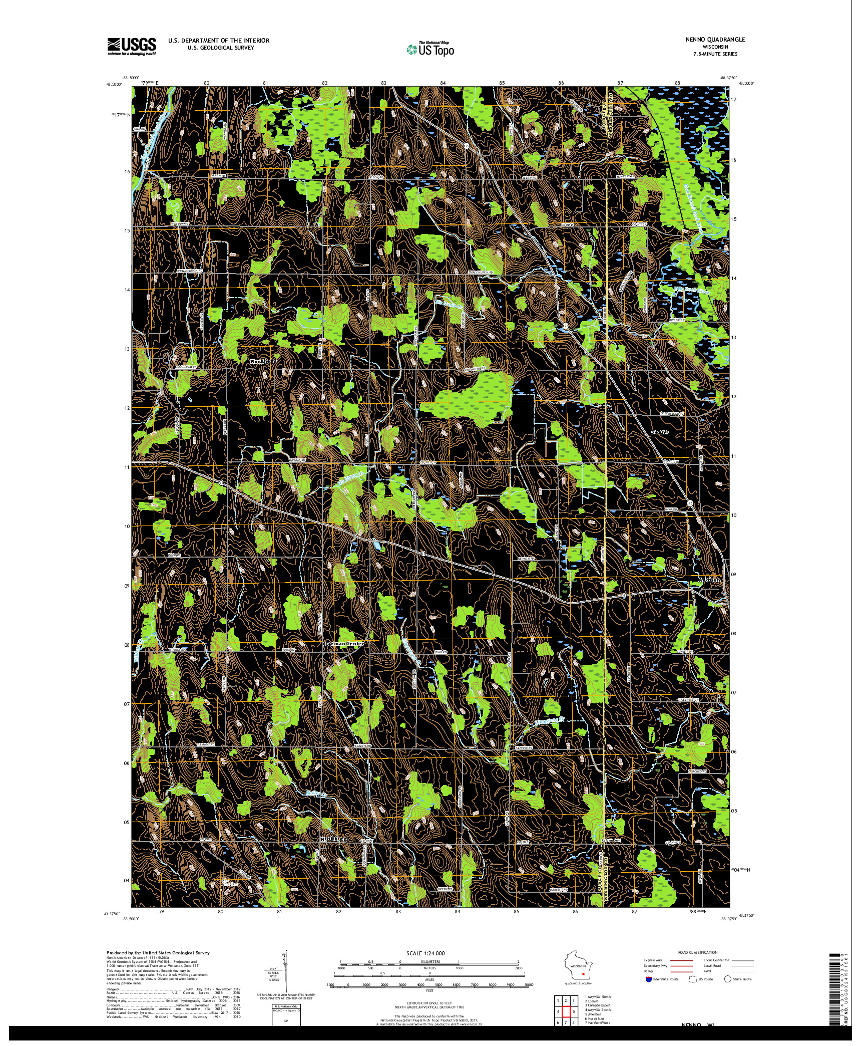 USGS US TOPO 7.5-MINUTE MAP FOR NENNO, WI 2018