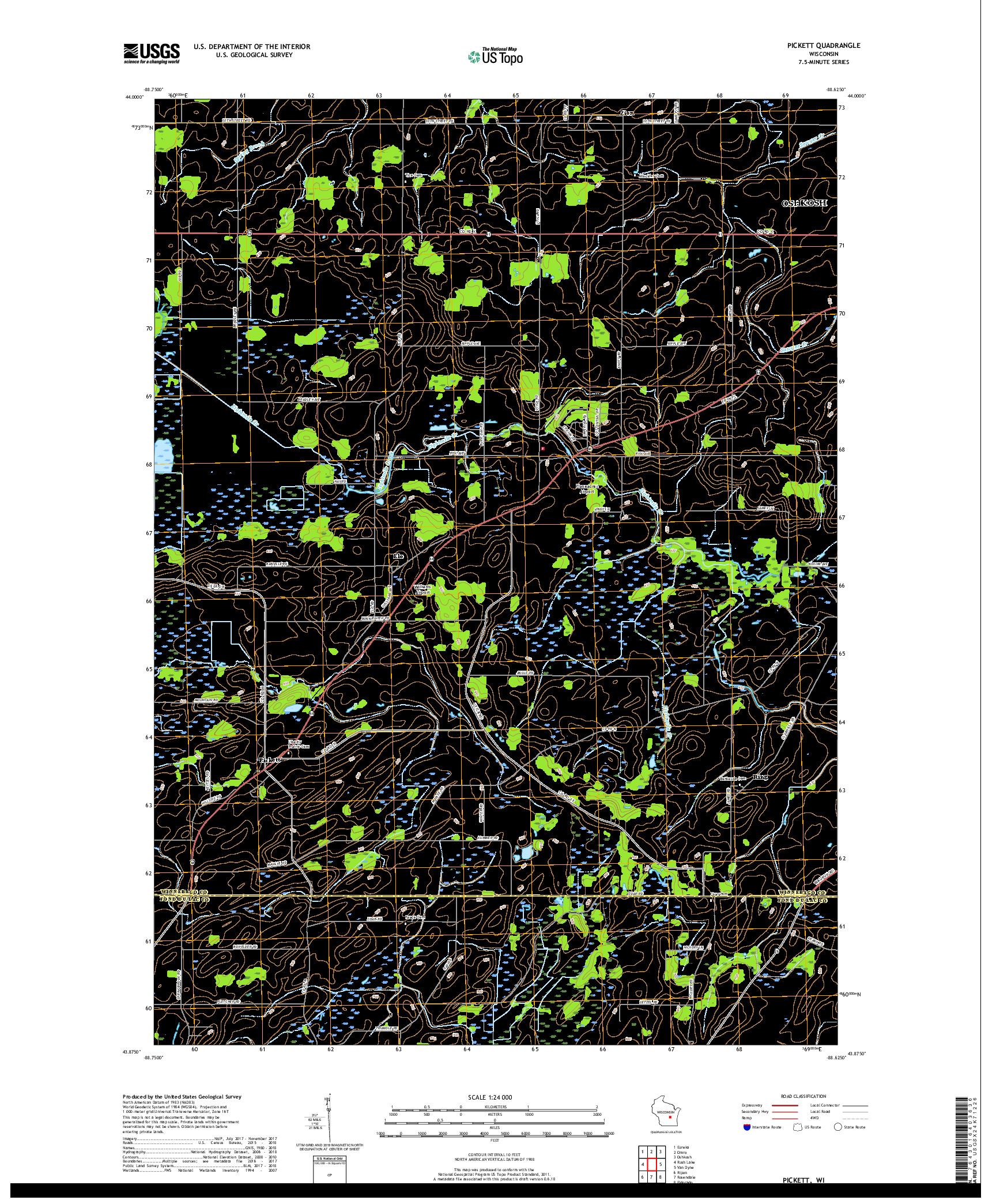 USGS US TOPO 7.5-MINUTE MAP FOR PICKETT, WI 2018