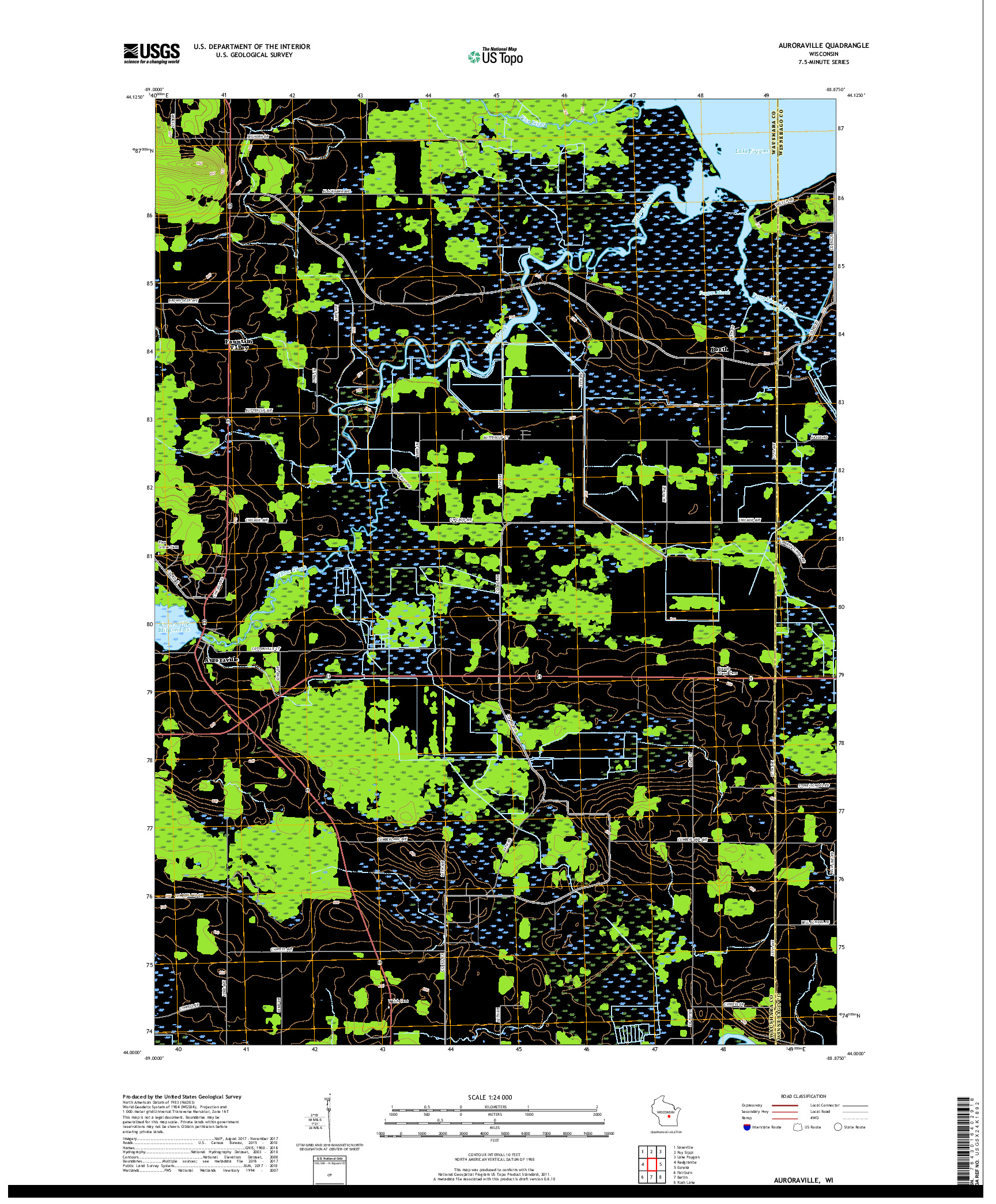 USGS US TOPO 7.5-MINUTE MAP FOR AURORAVILLE, WI 2018