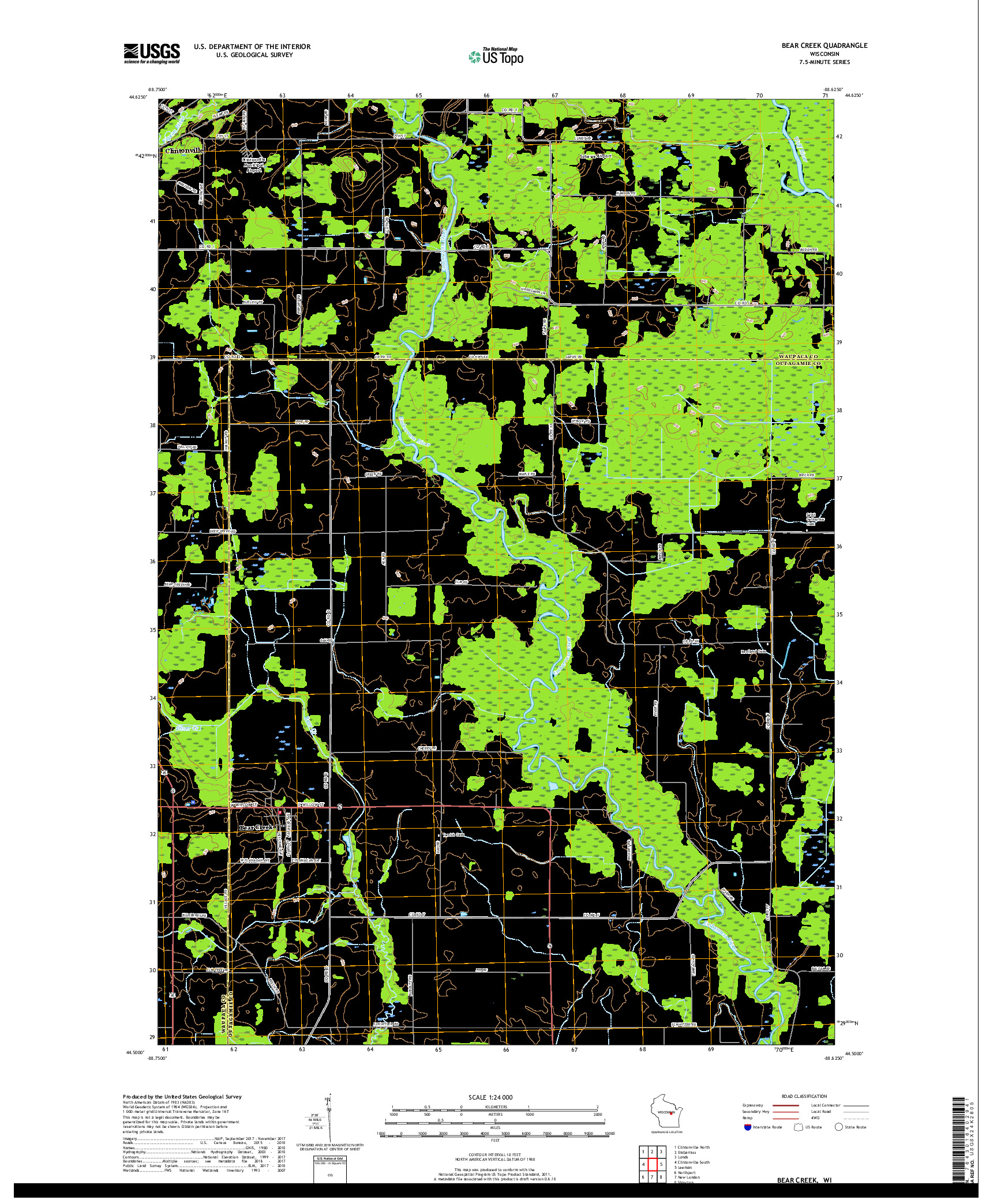 USGS US TOPO 7.5-MINUTE MAP FOR BEAR CREEK, WI 2018