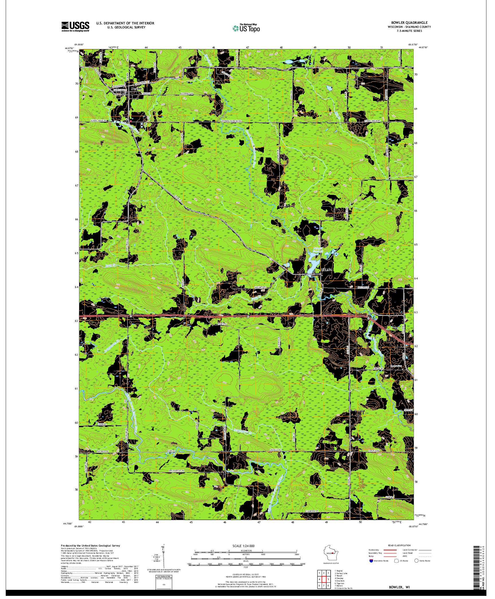 USGS US TOPO 7.5-MINUTE MAP FOR BOWLER, WI 2018