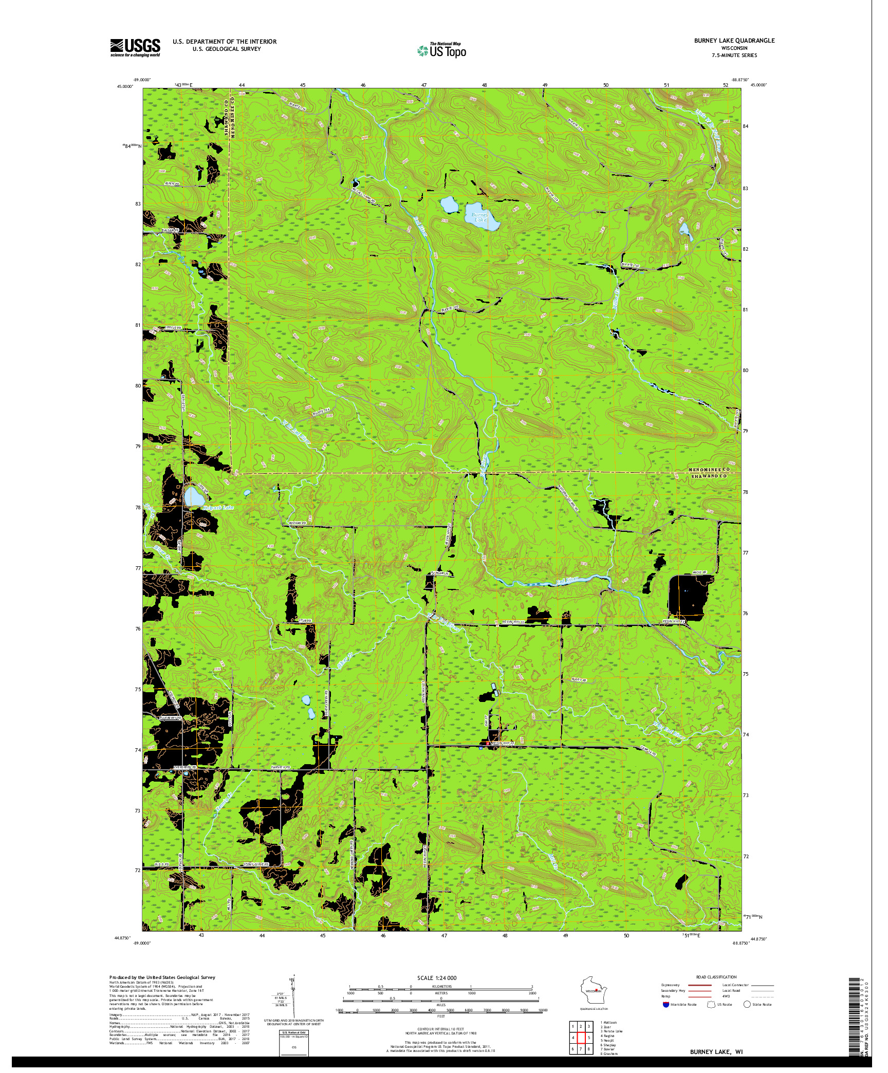 USGS US TOPO 7.5-MINUTE MAP FOR BURNEY LAKE, WI 2018