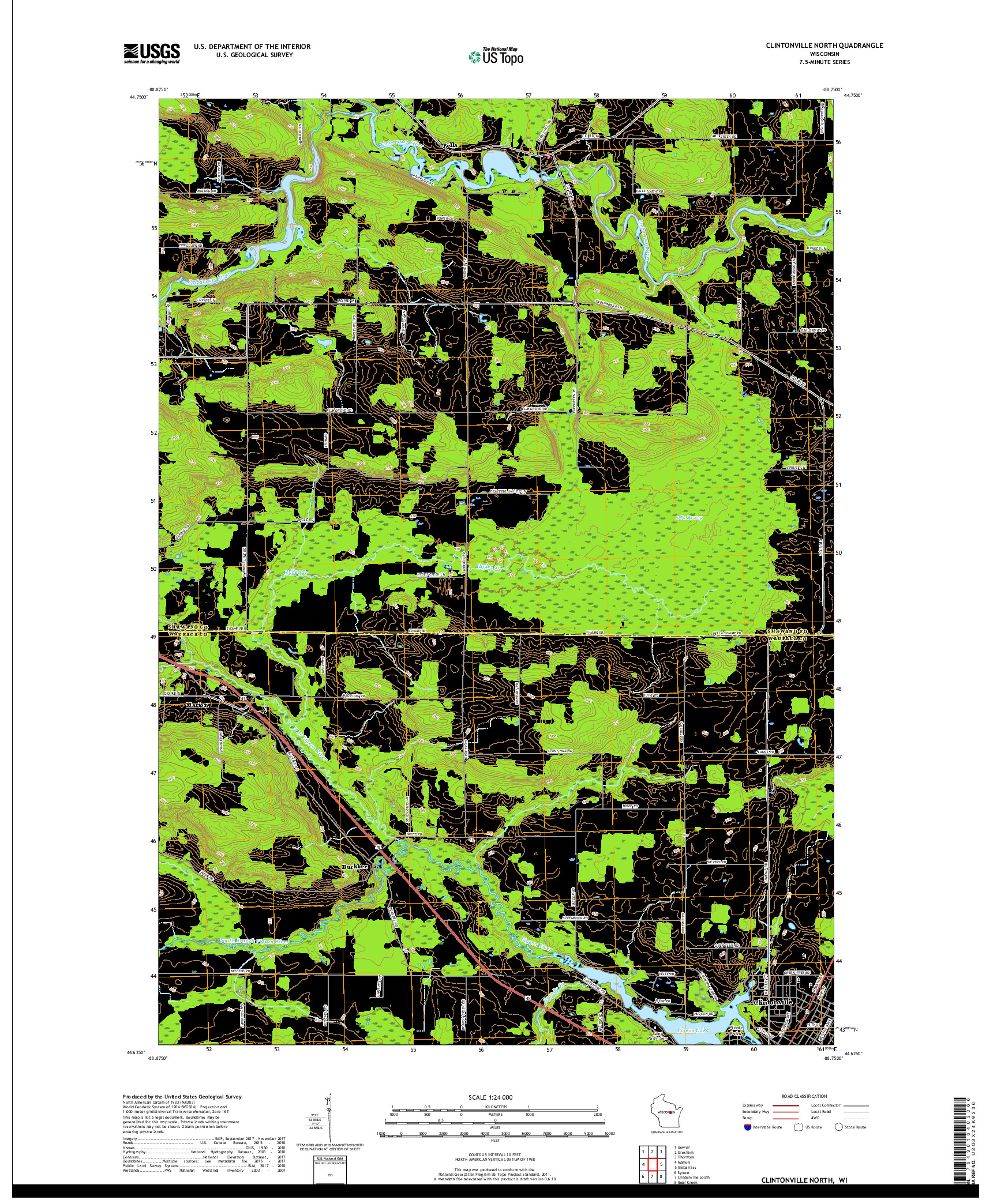 USGS US TOPO 7.5-MINUTE MAP FOR CLINTONVILLE NORTH, WI 2018