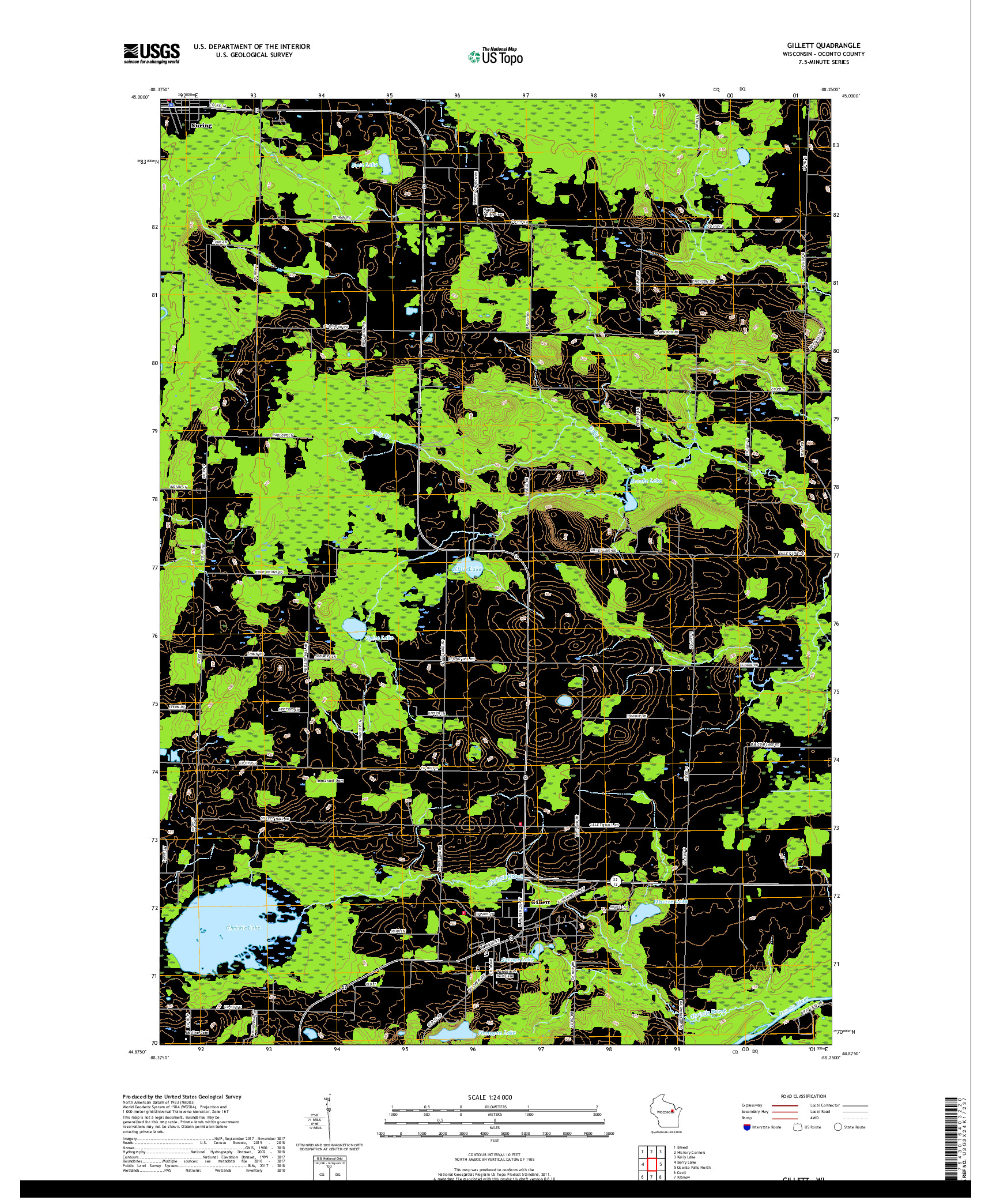 USGS US TOPO 7.5-MINUTE MAP FOR GILLETT, WI 2018