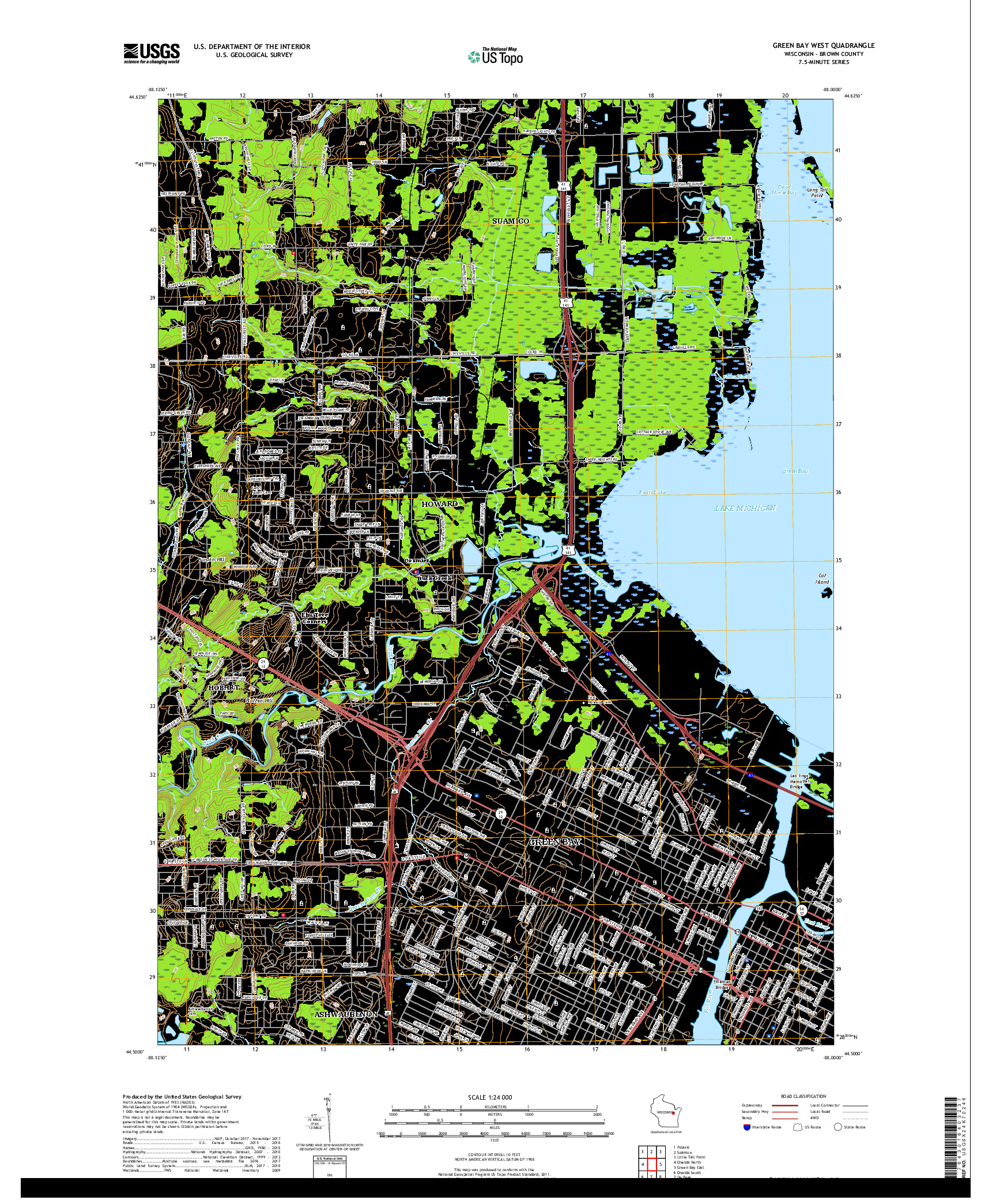 USGS US TOPO 7.5-MINUTE MAP FOR GREEN BAY WEST, WI 2018