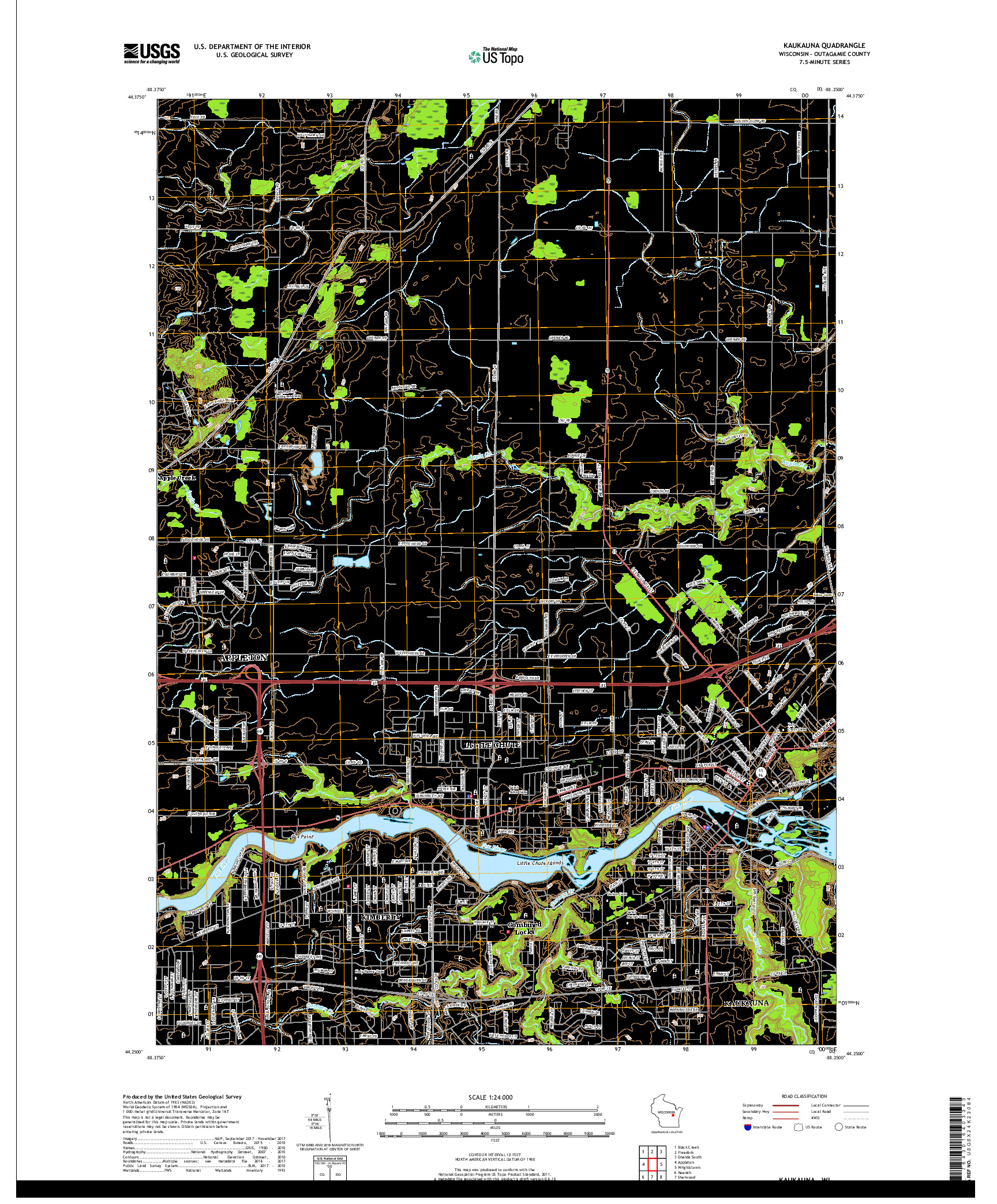 USGS US TOPO 7.5-MINUTE MAP FOR KAUKAUNA, WI 2018