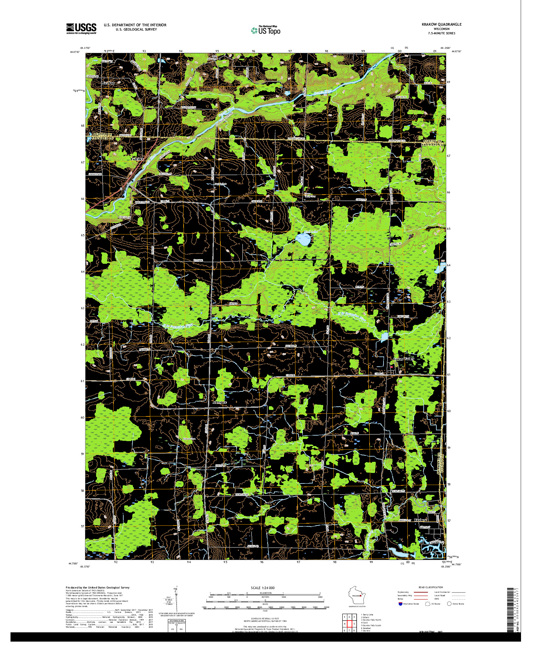 USGS US TOPO 7.5-MINUTE MAP FOR KRAKOW, WI 2018