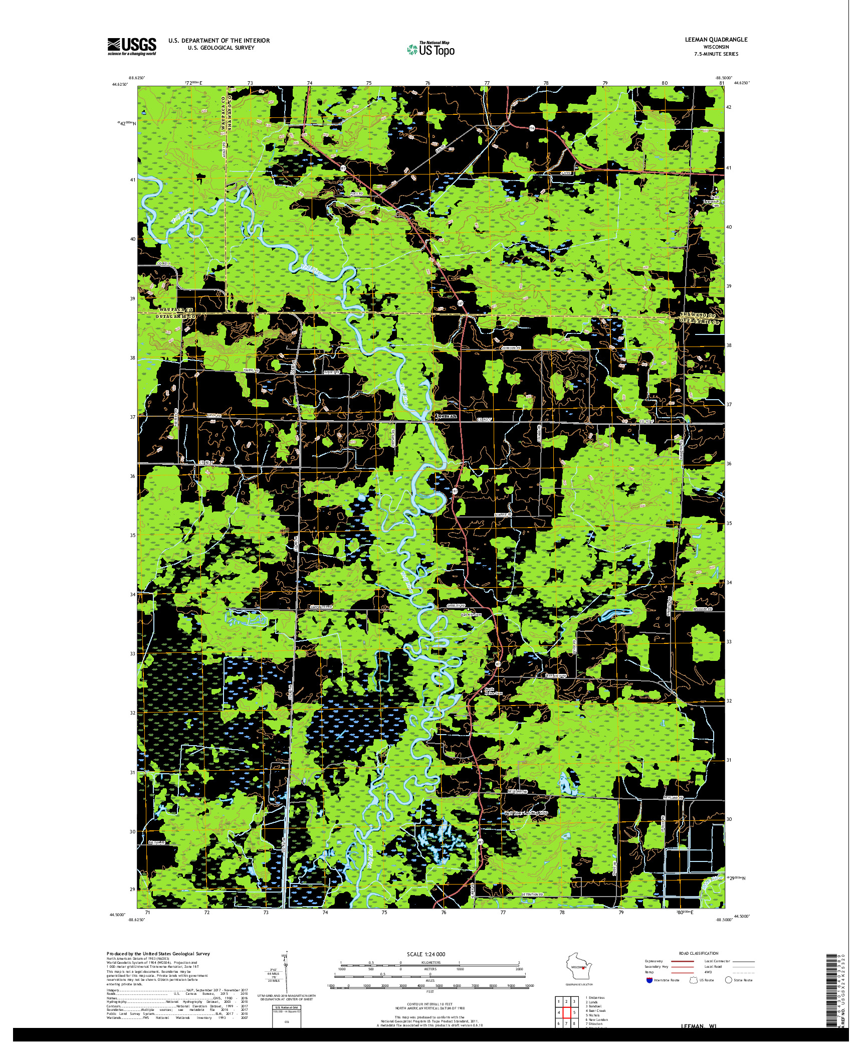 USGS US TOPO 7.5-MINUTE MAP FOR LEEMAN, WI 2018