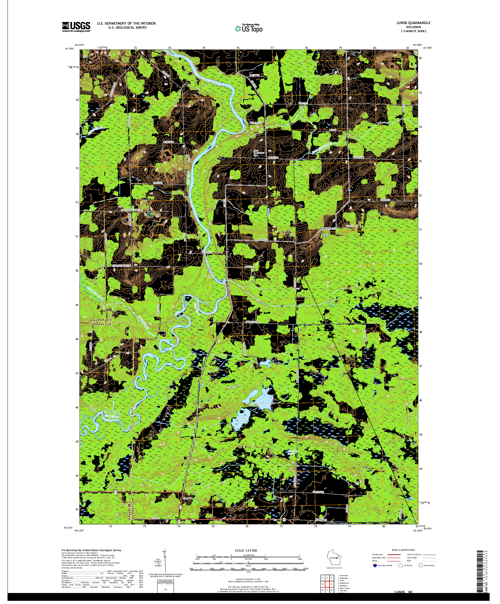 USGS US TOPO 7.5-MINUTE MAP FOR LUNDS, WI 2018