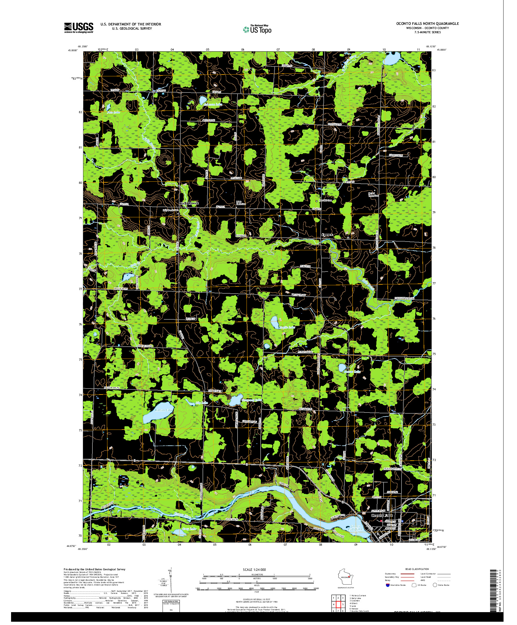 USGS US TOPO 7.5-MINUTE MAP FOR OCONTO FALLS NORTH, WI 2018