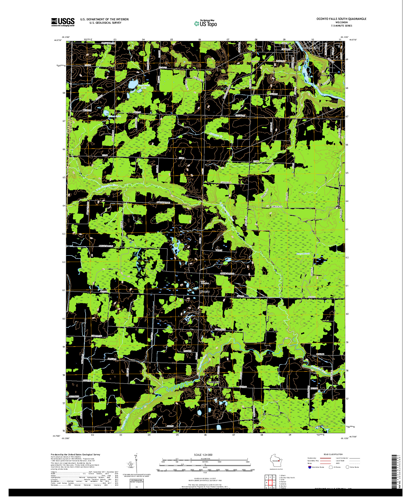 USGS US TOPO 7.5-MINUTE MAP FOR OCONTO FALLS SOUTH, WI 2018