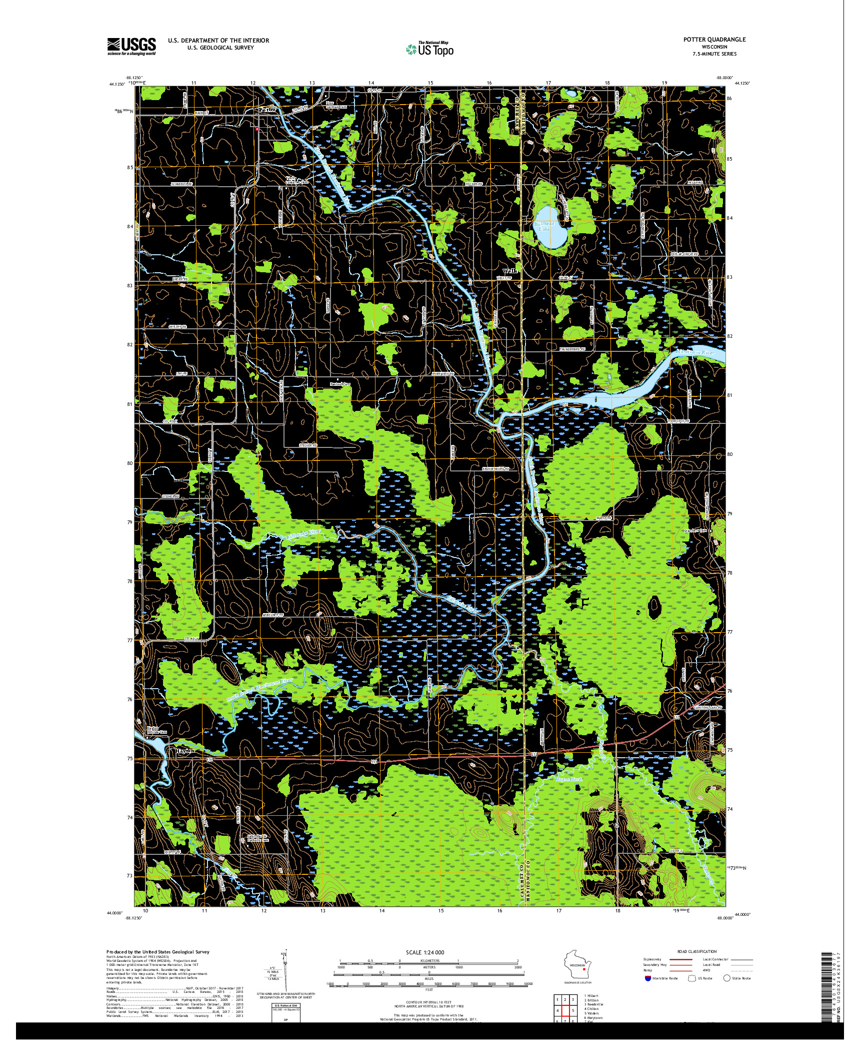 USGS US TOPO 7.5-MINUTE MAP FOR POTTER, WI 2018