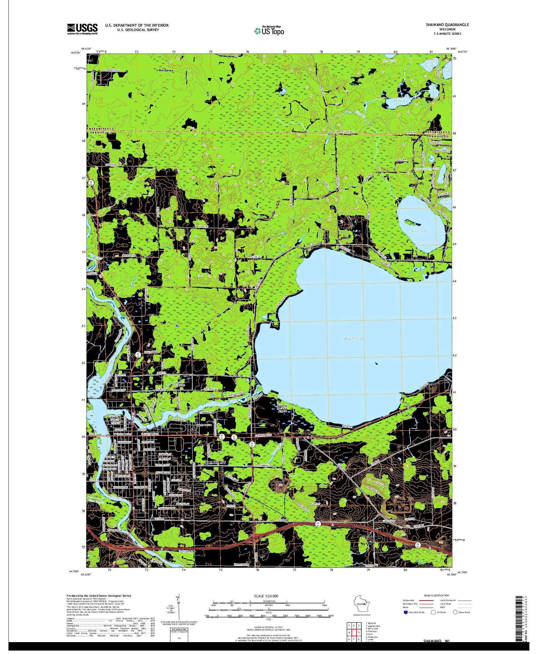 USGS US TOPO 7.5-MINUTE MAP FOR SHAWANO, WI 2018