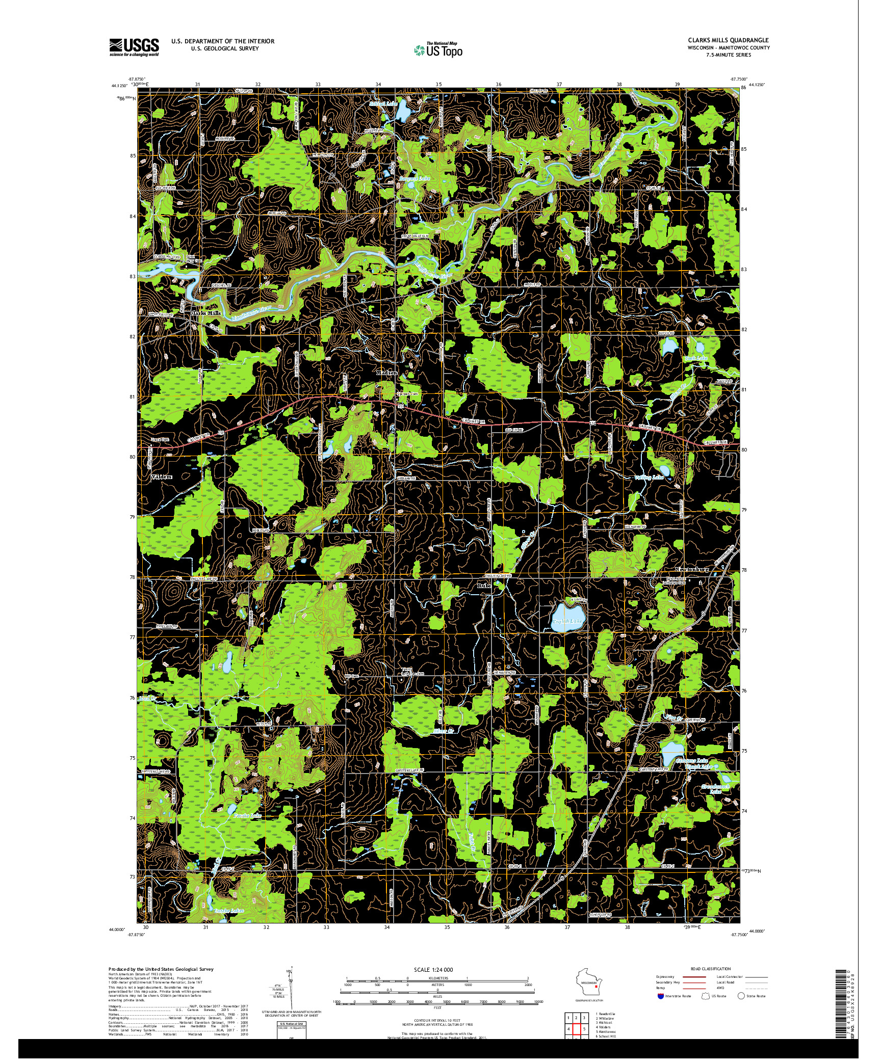 USGS US TOPO 7.5-MINUTE MAP FOR CLARKS MILLS, WI 2018