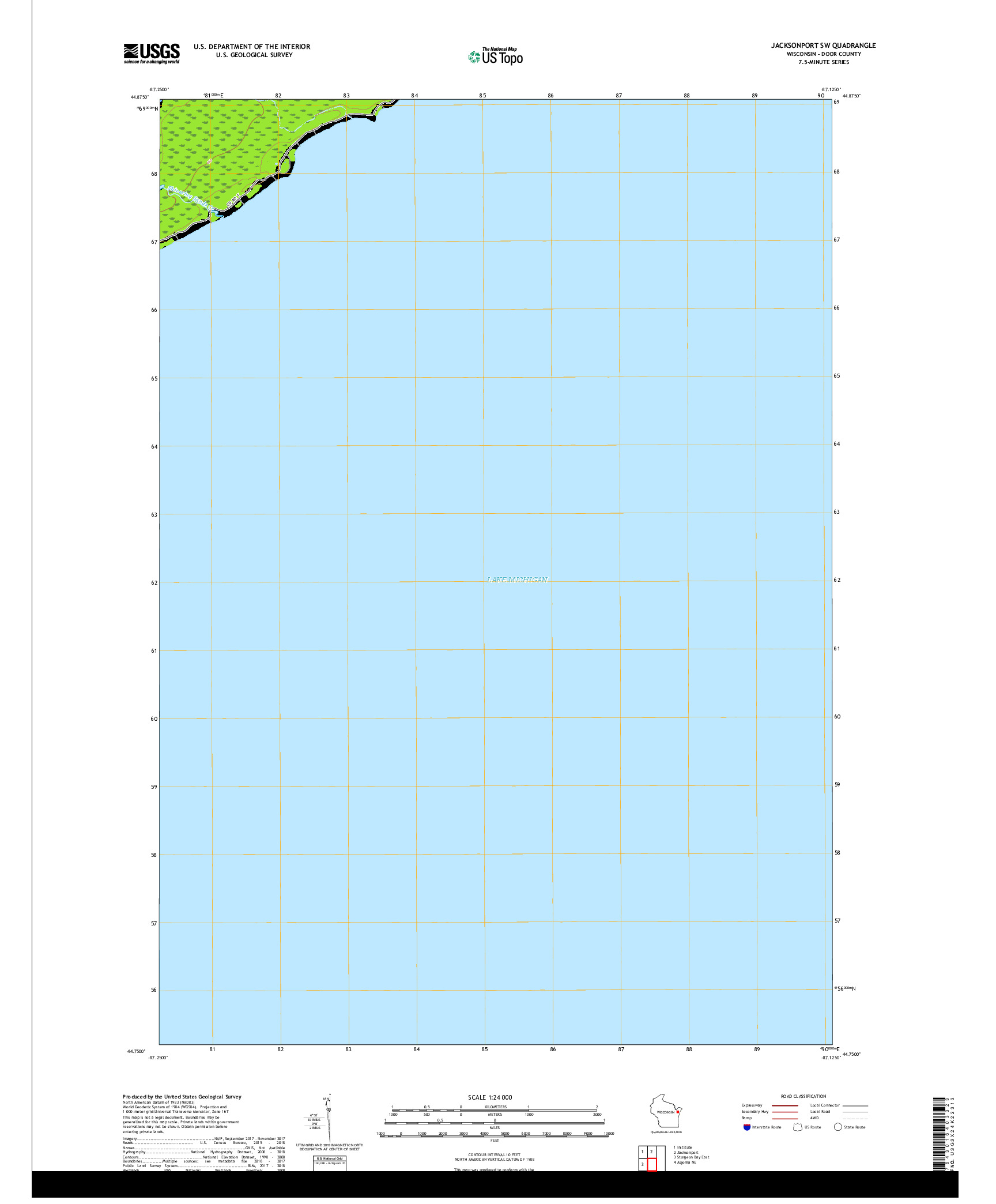 USGS US TOPO 7.5-MINUTE MAP FOR JACKSONPORT SW, WI 2018