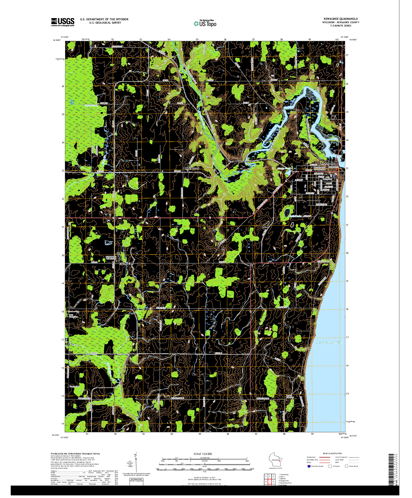 USGS US TOPO 7.5-MINUTE MAP FOR KEWAUNEE, WI 2018