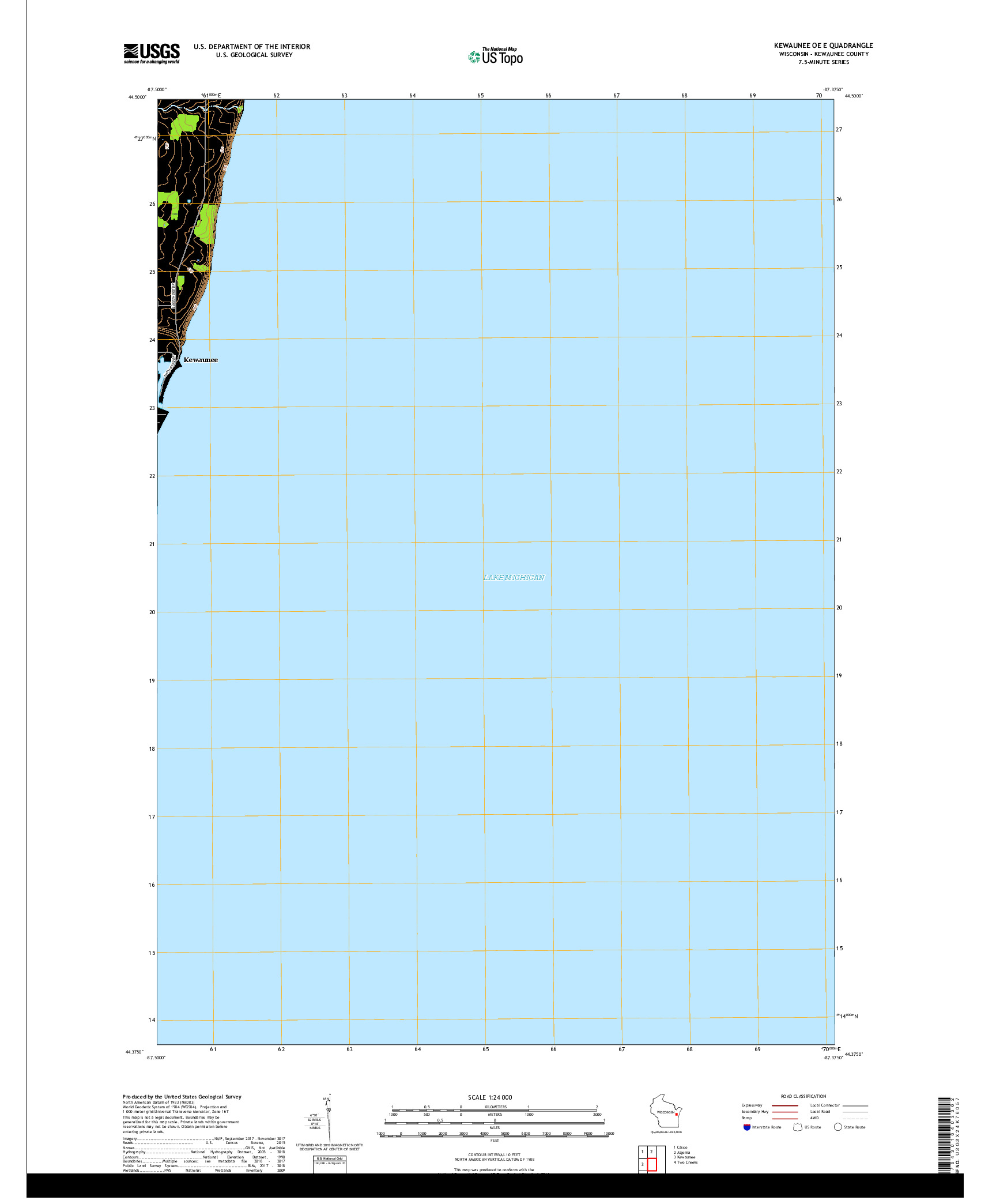 USGS US TOPO 7.5-MINUTE MAP FOR KEWAUNEE OE E, WI 2018