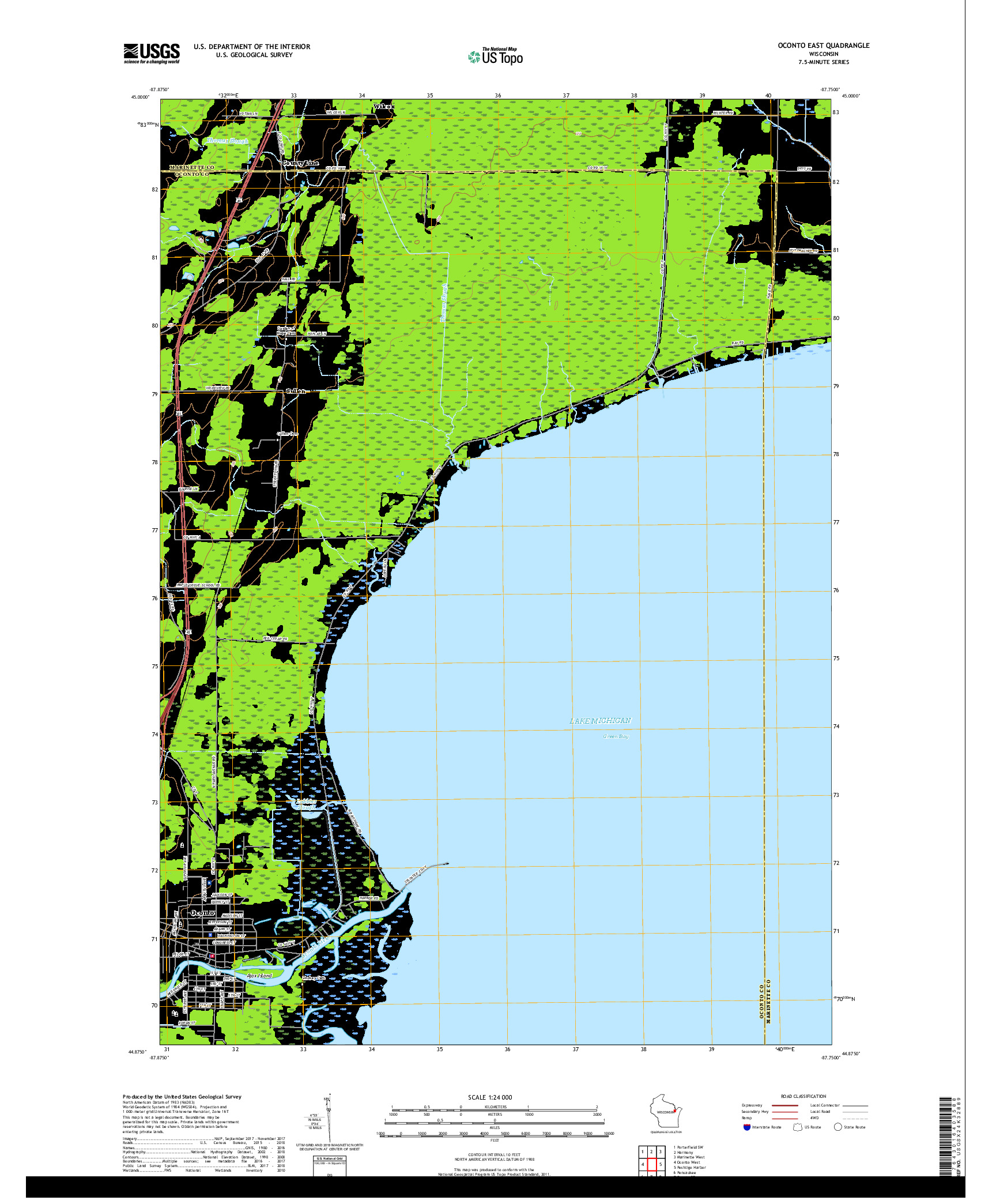 USGS US TOPO 7.5-MINUTE MAP FOR OCONTO EAST, WI 2018