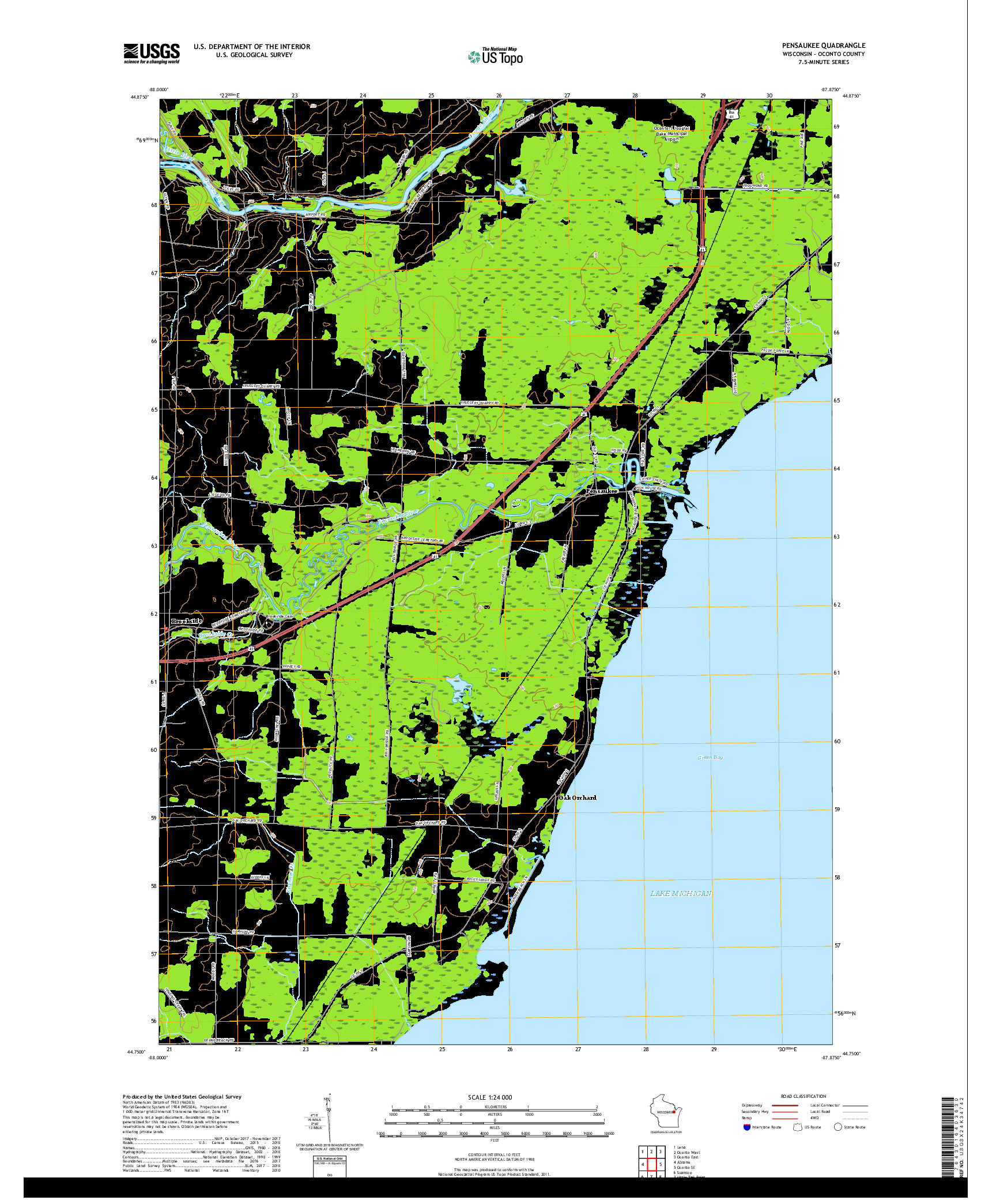 USGS US TOPO 7.5-MINUTE MAP FOR PENSAUKEE, WI 2018