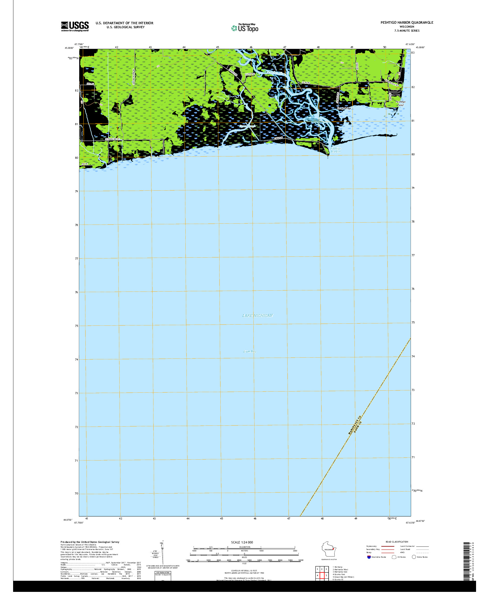 USGS US TOPO 7.5-MINUTE MAP FOR PESHTIGO HARBOR, WI 2018
