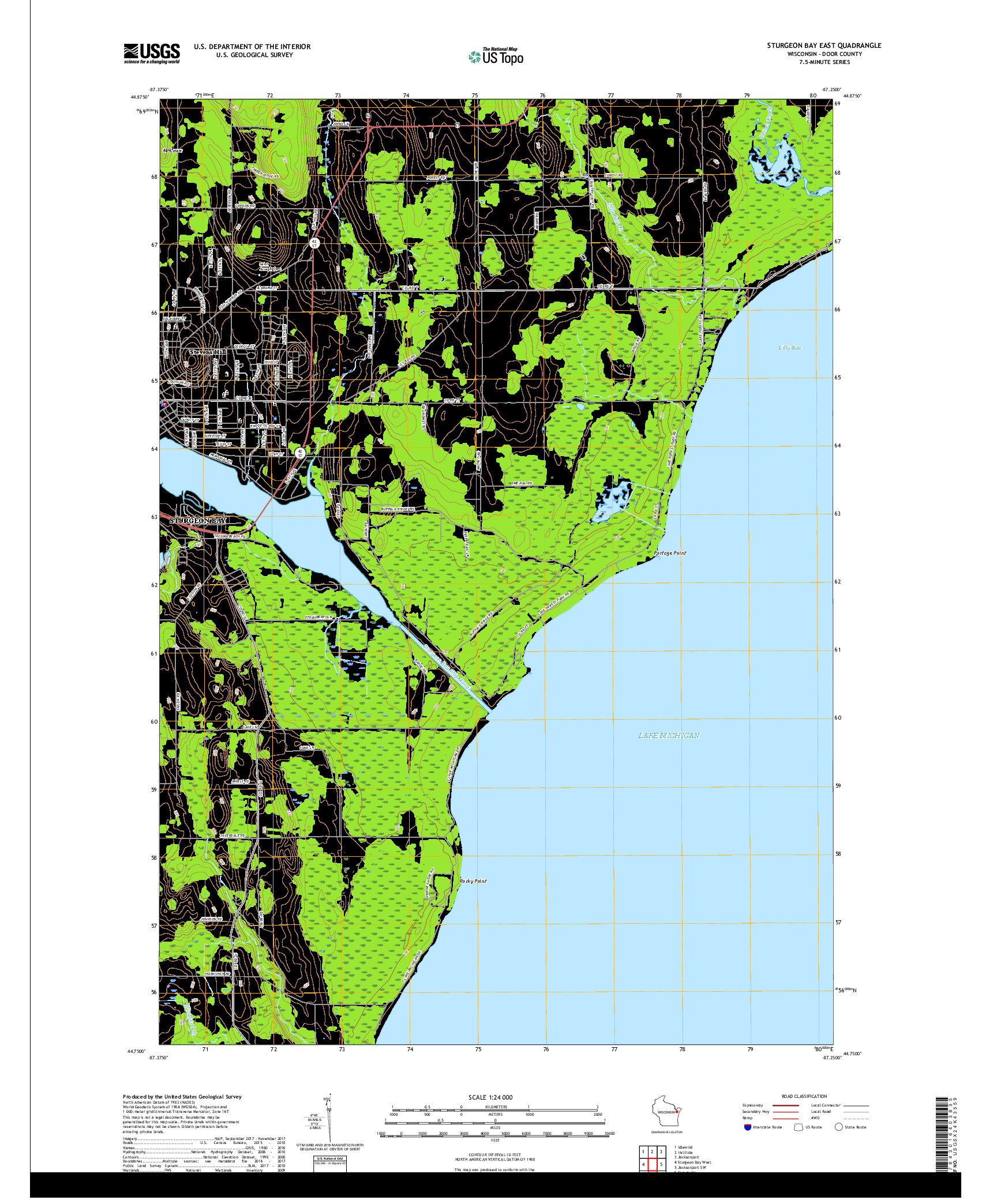 USGS US TOPO 7.5-MINUTE MAP FOR STURGEON BAY EAST, WI 2018