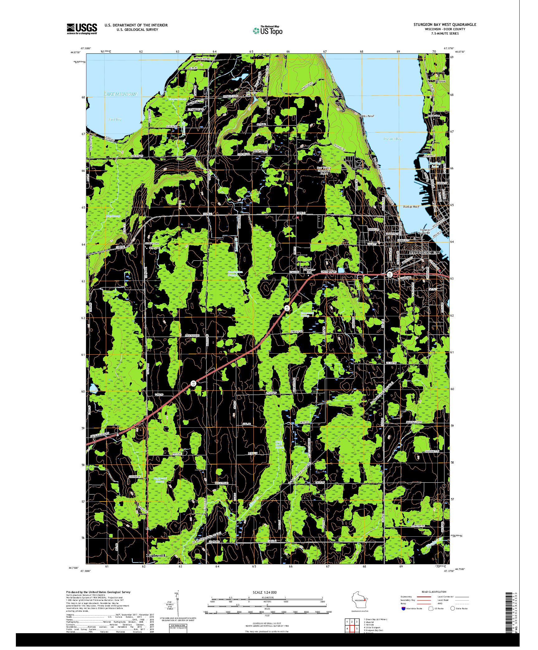 USGS US TOPO 7.5-MINUTE MAP FOR STURGEON BAY WEST, WI 2018