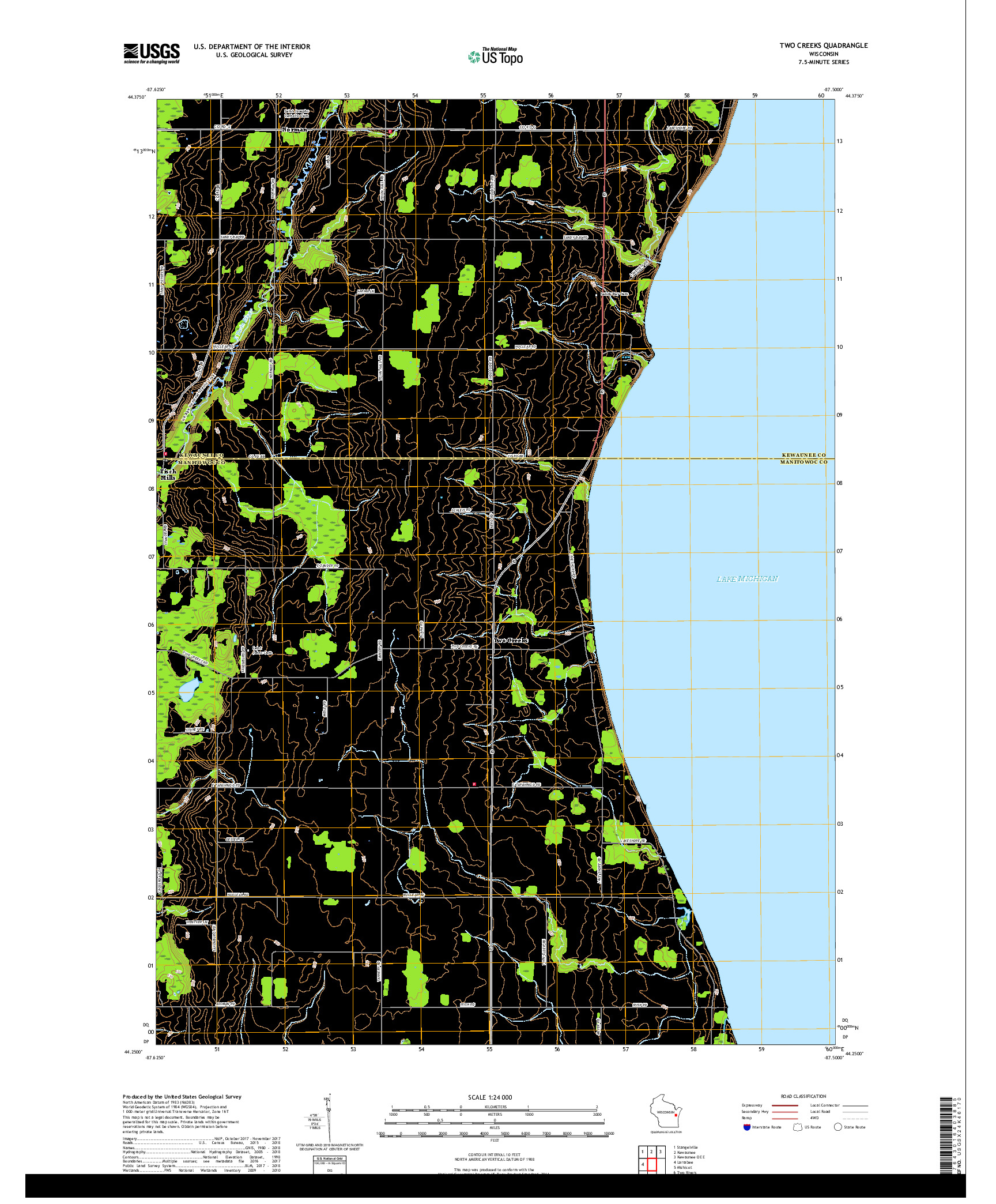 USGS US TOPO 7.5-MINUTE MAP FOR TWO CREEKS, WI 2018