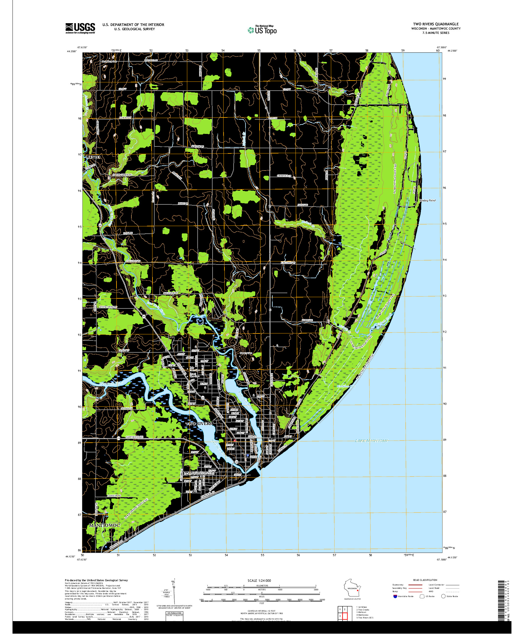 USGS US TOPO 7.5-MINUTE MAP FOR TWO RIVERS, WI 2018