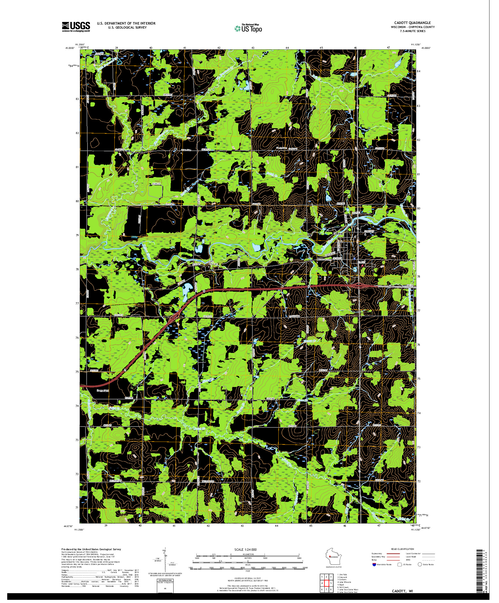 USGS US TOPO 7.5-MINUTE MAP FOR CADOTT, WI 2018