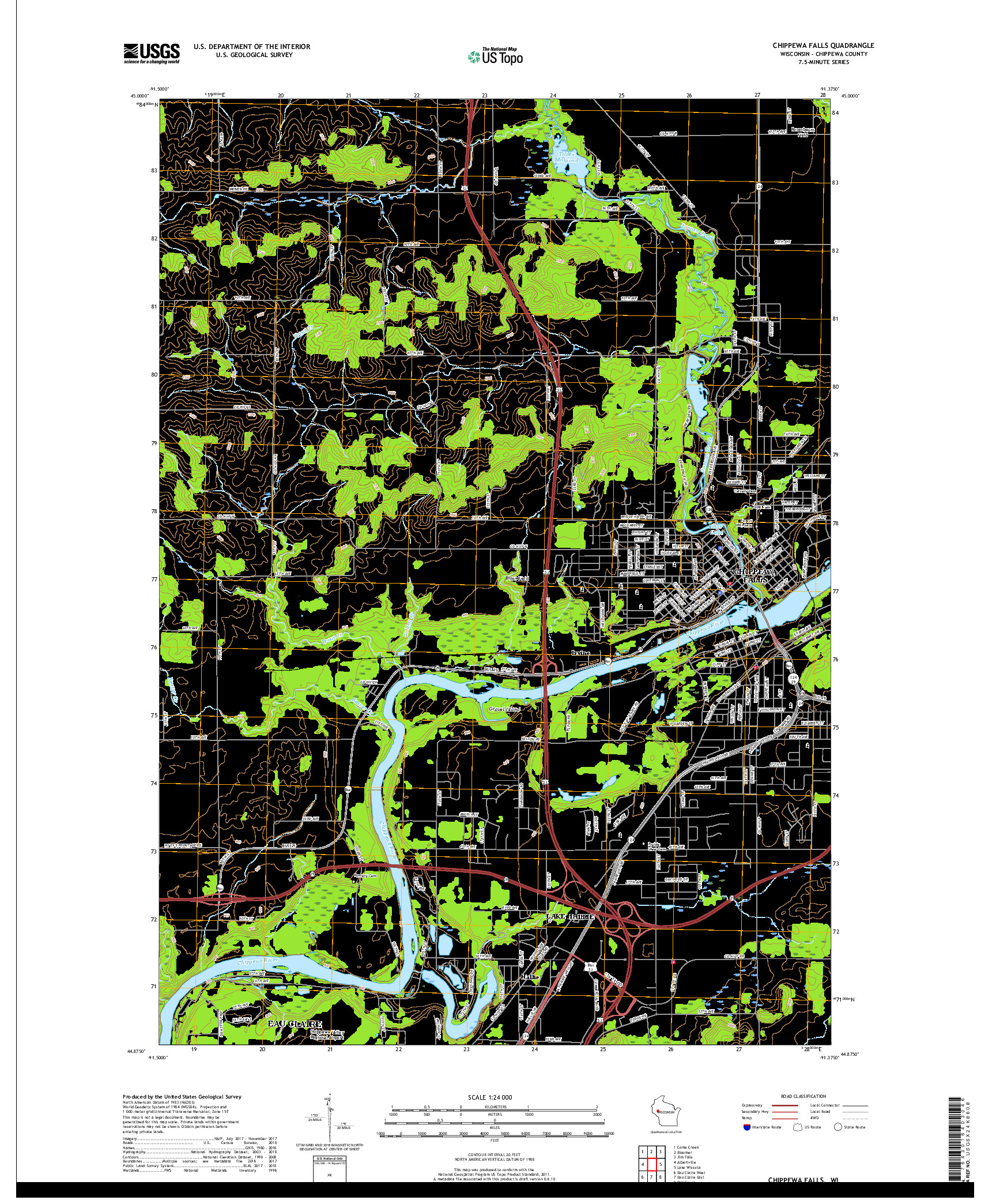 USGS US TOPO 7.5-MINUTE MAP FOR CHIPPEWA FALLS, WI 2018