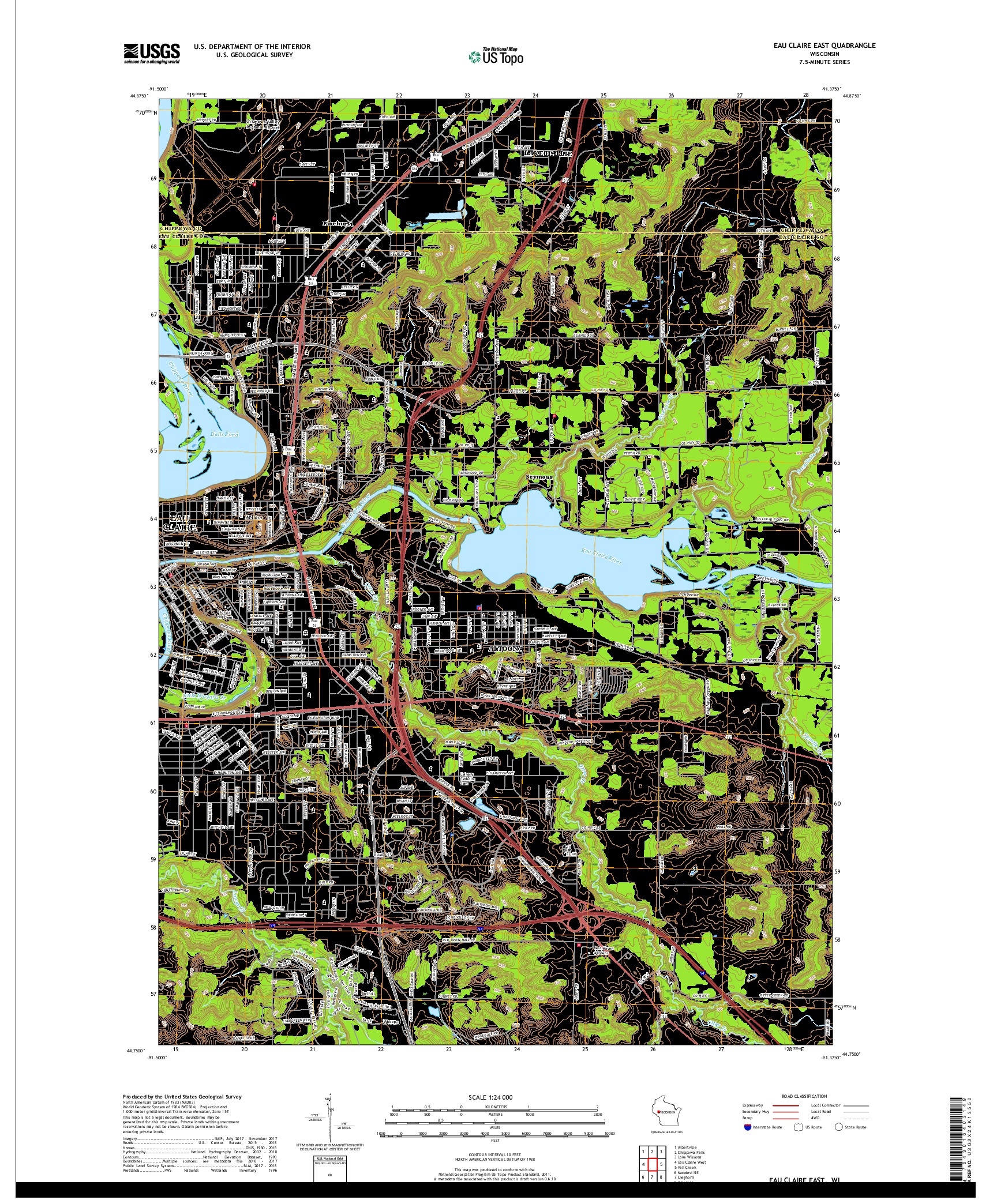 USGS US TOPO 7.5-MINUTE MAP FOR EAU CLAIRE EAST, WI 2018