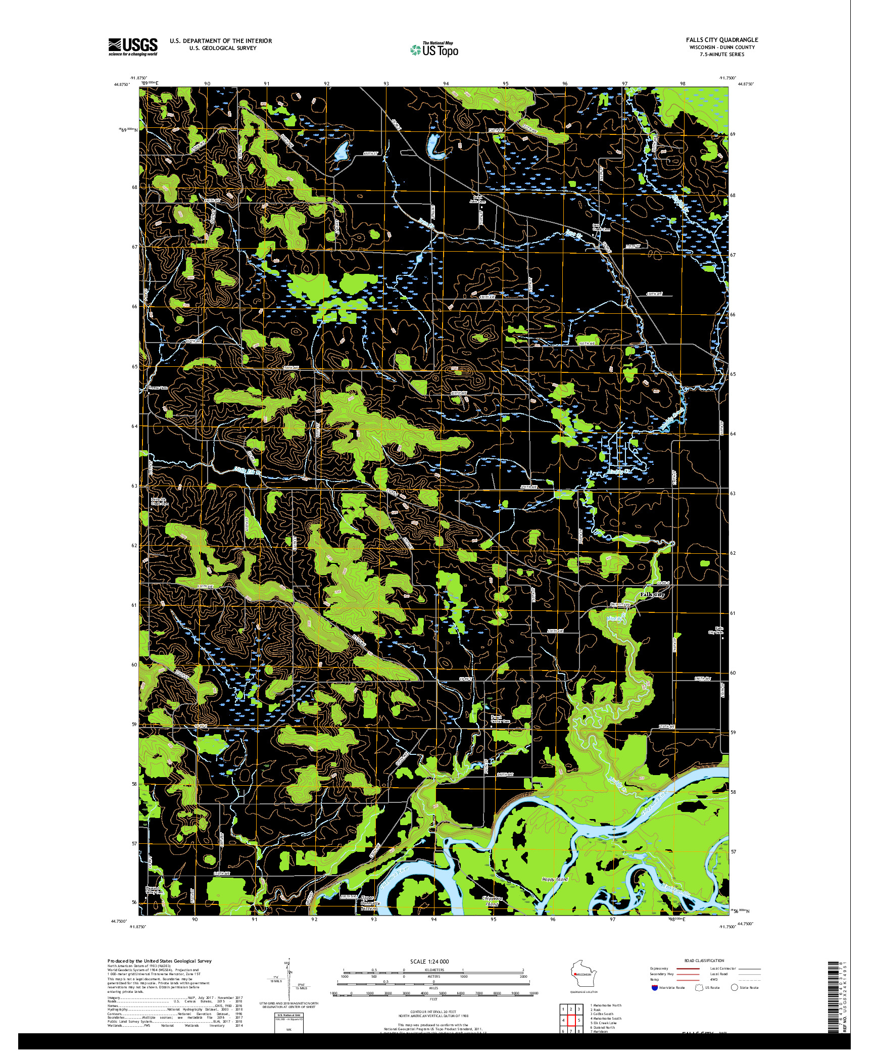 USGS US TOPO 7.5-MINUTE MAP FOR FALLS CITY, WI 2018