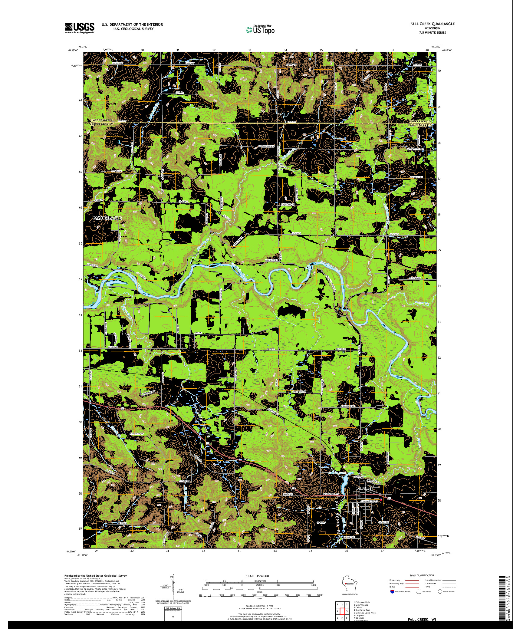 USGS US TOPO 7.5-MINUTE MAP FOR FALL CREEK, WI 2018