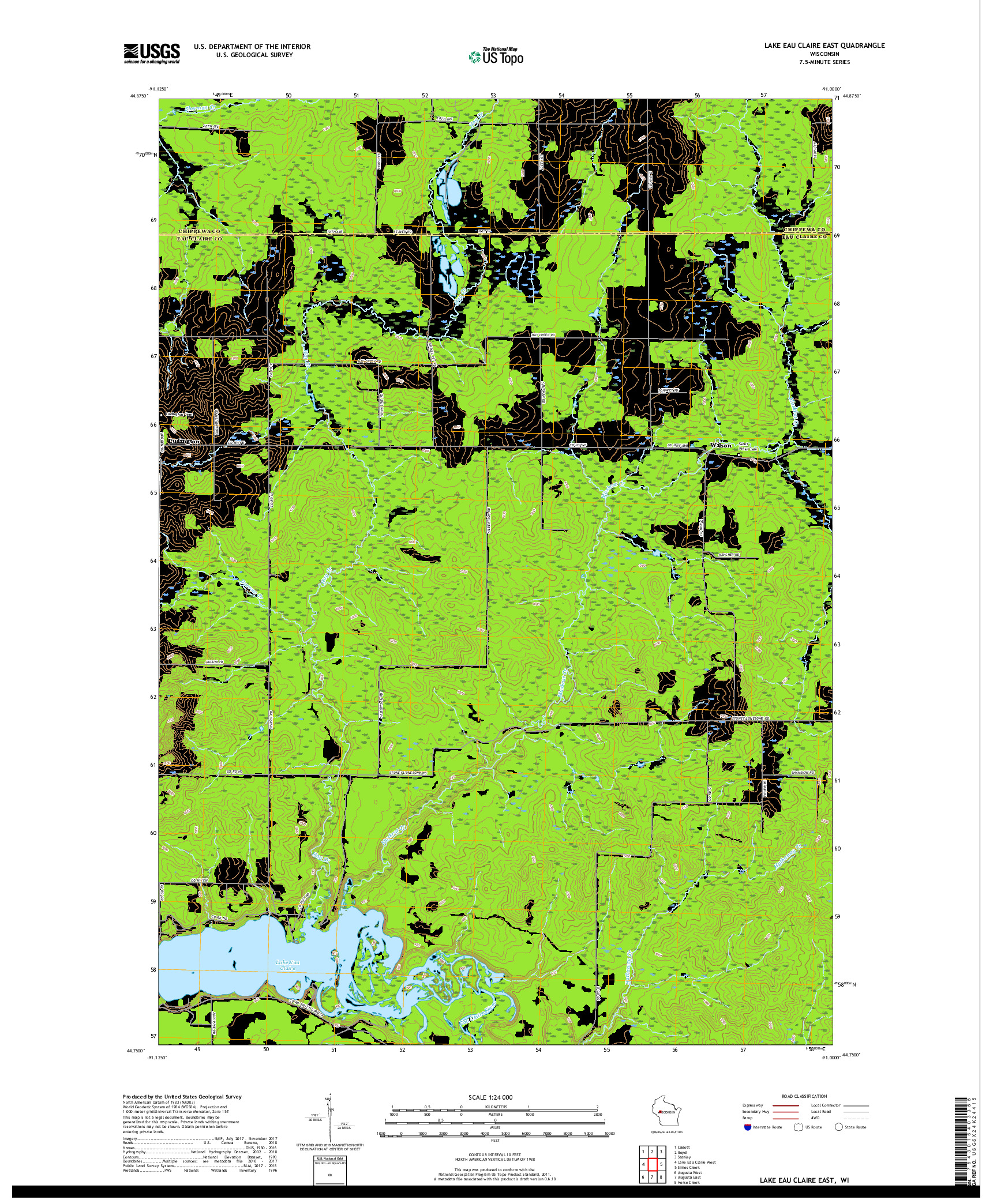 USGS US TOPO 7.5-MINUTE MAP FOR LAKE EAU CLAIRE EAST, WI 2018