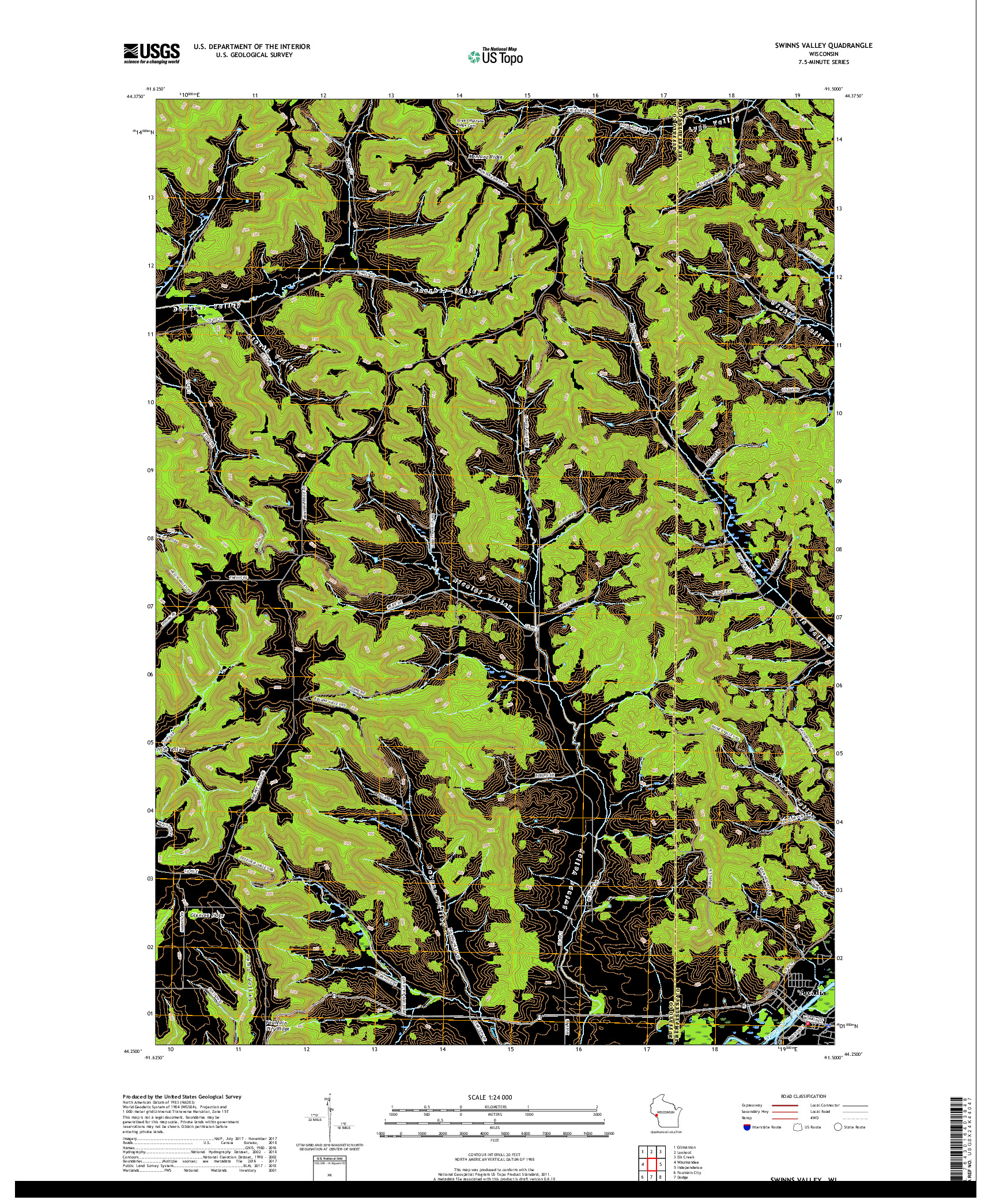 USGS US TOPO 7.5-MINUTE MAP FOR SWINNS VALLEY, WI 2018