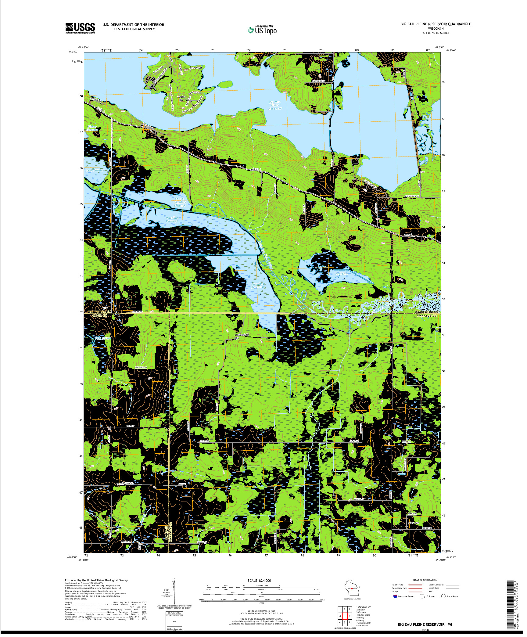 USGS US TOPO 7.5-MINUTE MAP FOR BIG EAU PLEINE RESERVOIR, WI 2018