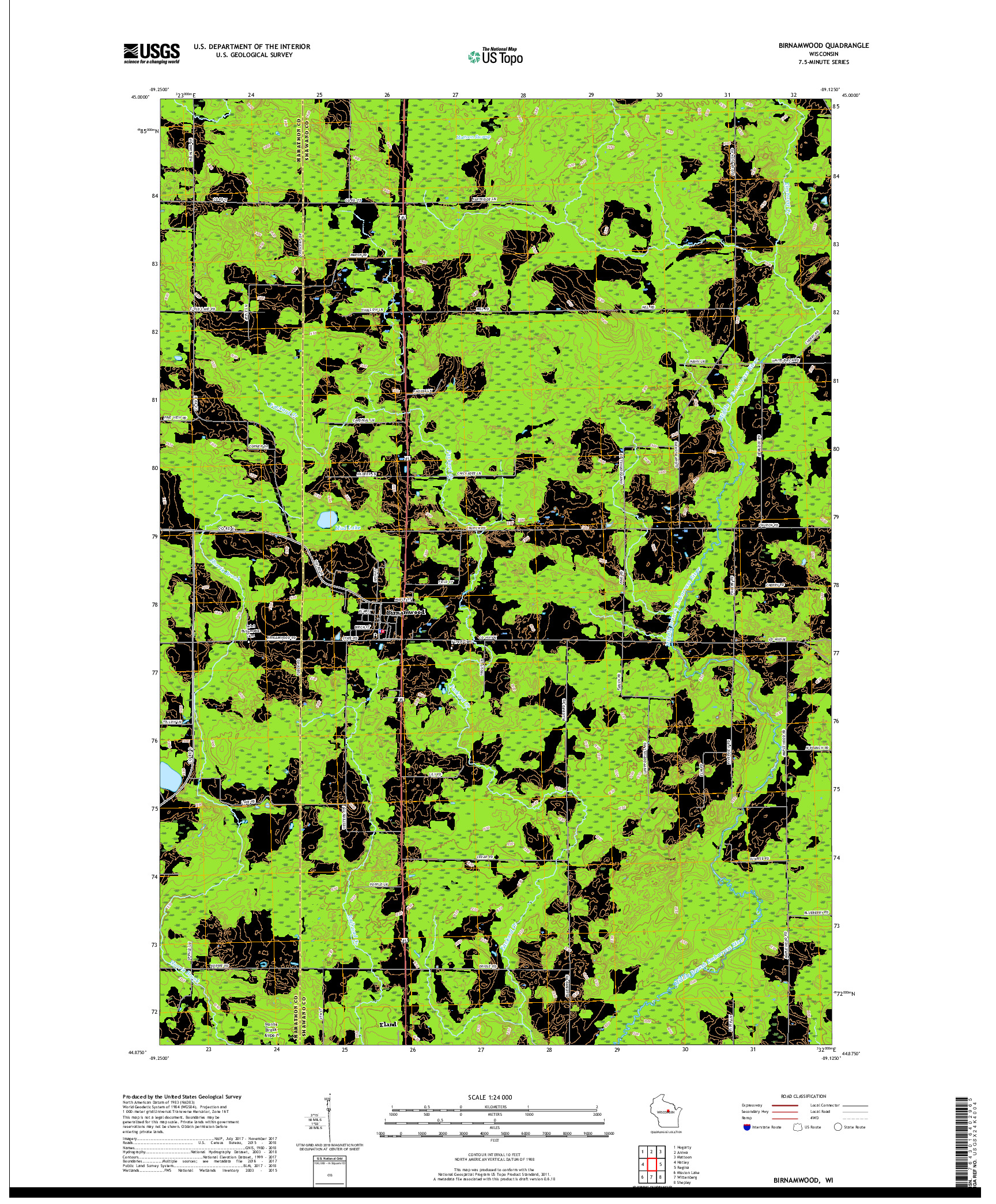 USGS US TOPO 7.5-MINUTE MAP FOR BIRNAMWOOD, WI 2018