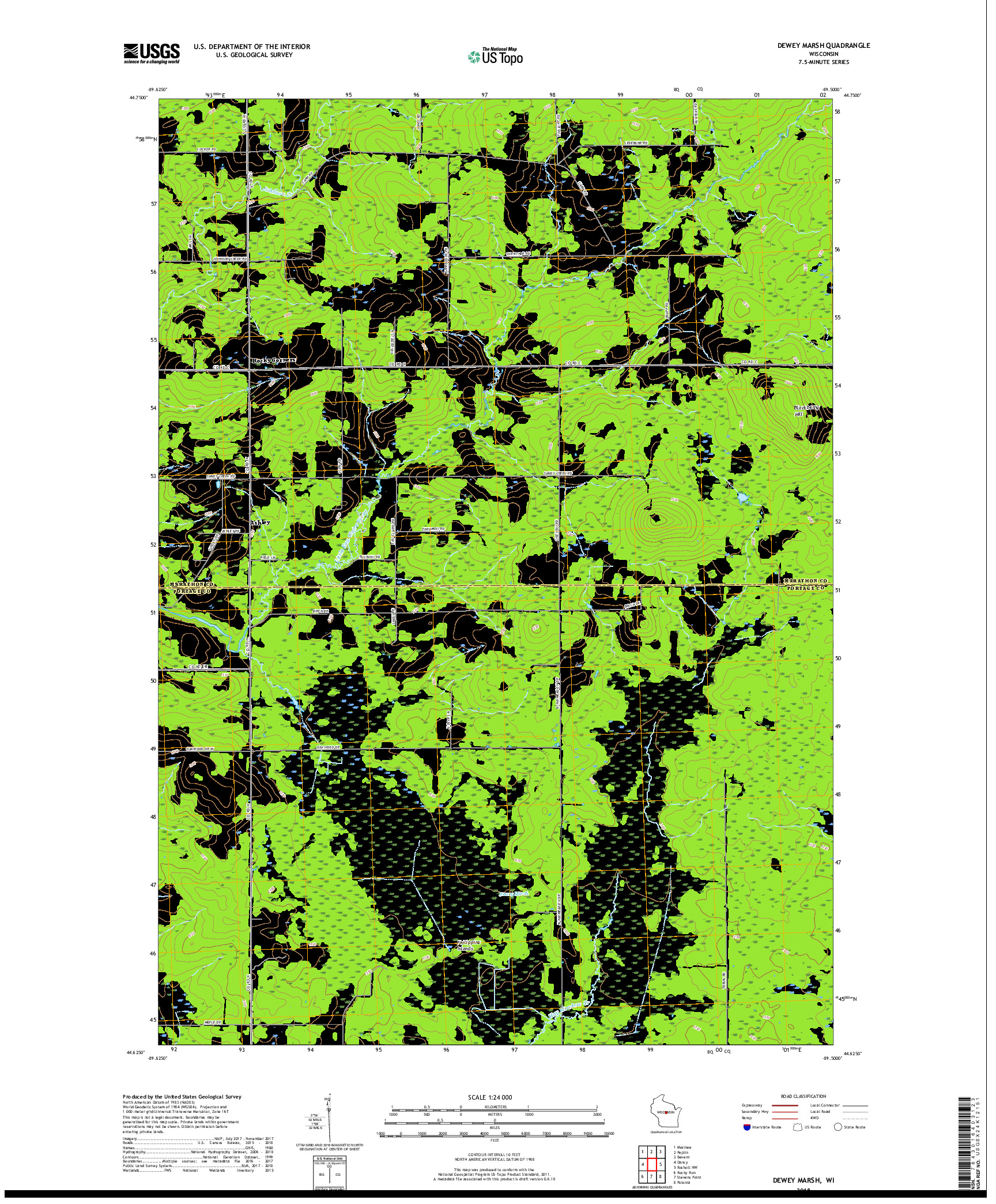 USGS US TOPO 7.5-MINUTE MAP FOR DEWEY MARSH, WI 2018